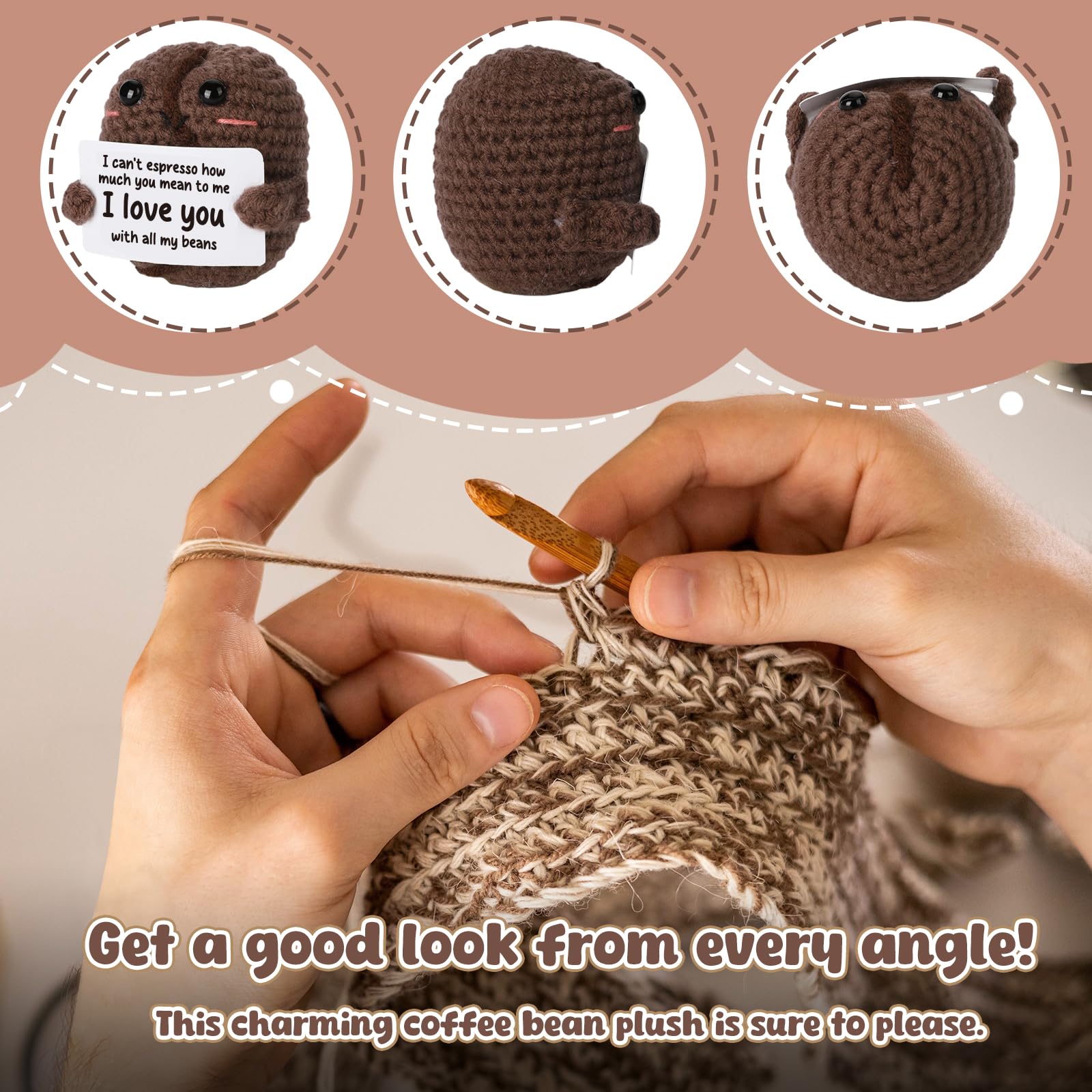 Coffee Lover Gifts for Women Men - Coffee Bean Crochet Doll for Girlfriend Boyfriend, Funny Espresso Pun Gift for Friend Coworker, I Love You with All My Beans Present for Birthday Valentines Day