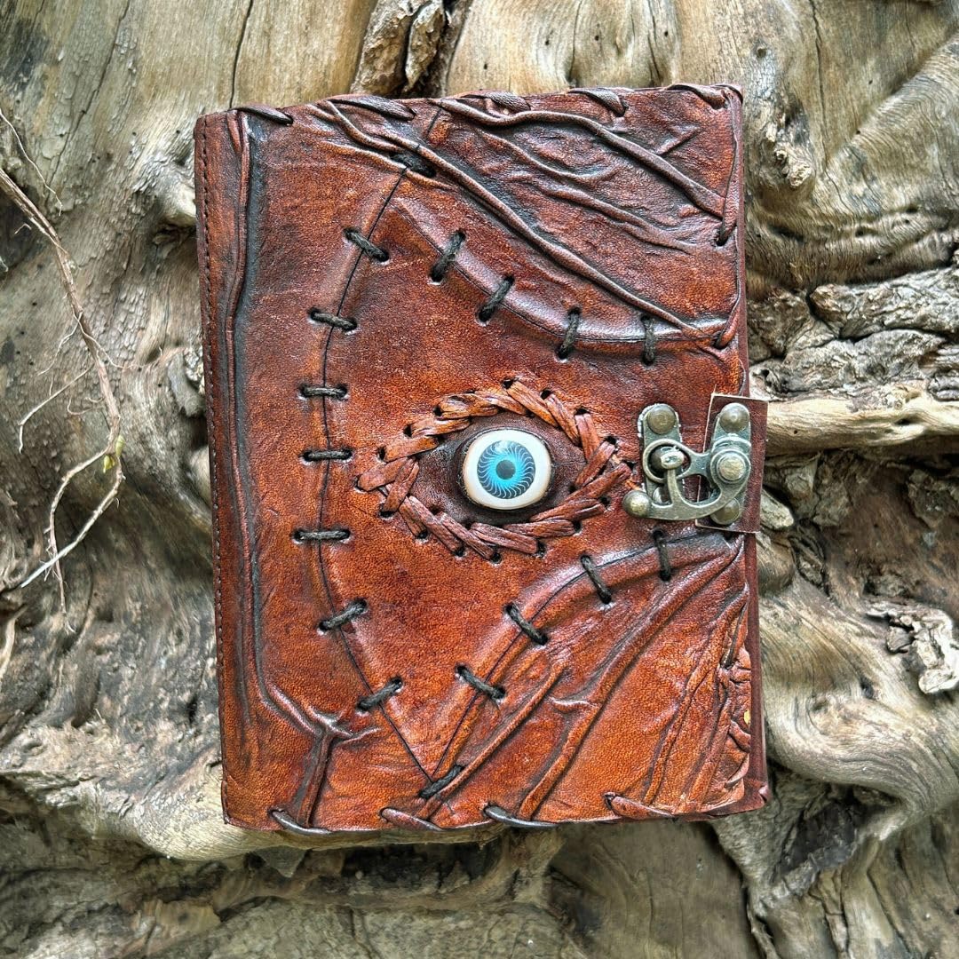 Hocus Pocus Leather Journal Halloween Decorations Blank Spell Book of Shadows with Lock Clasp Decor Prop Vintage Bound Notebook Witchcraft Wiccan Grimoire Magic Eye Sketchbook Drawing And Witch Decoartions Perfect for Spooky Gifts And Spooky Decor 5X7 INC
