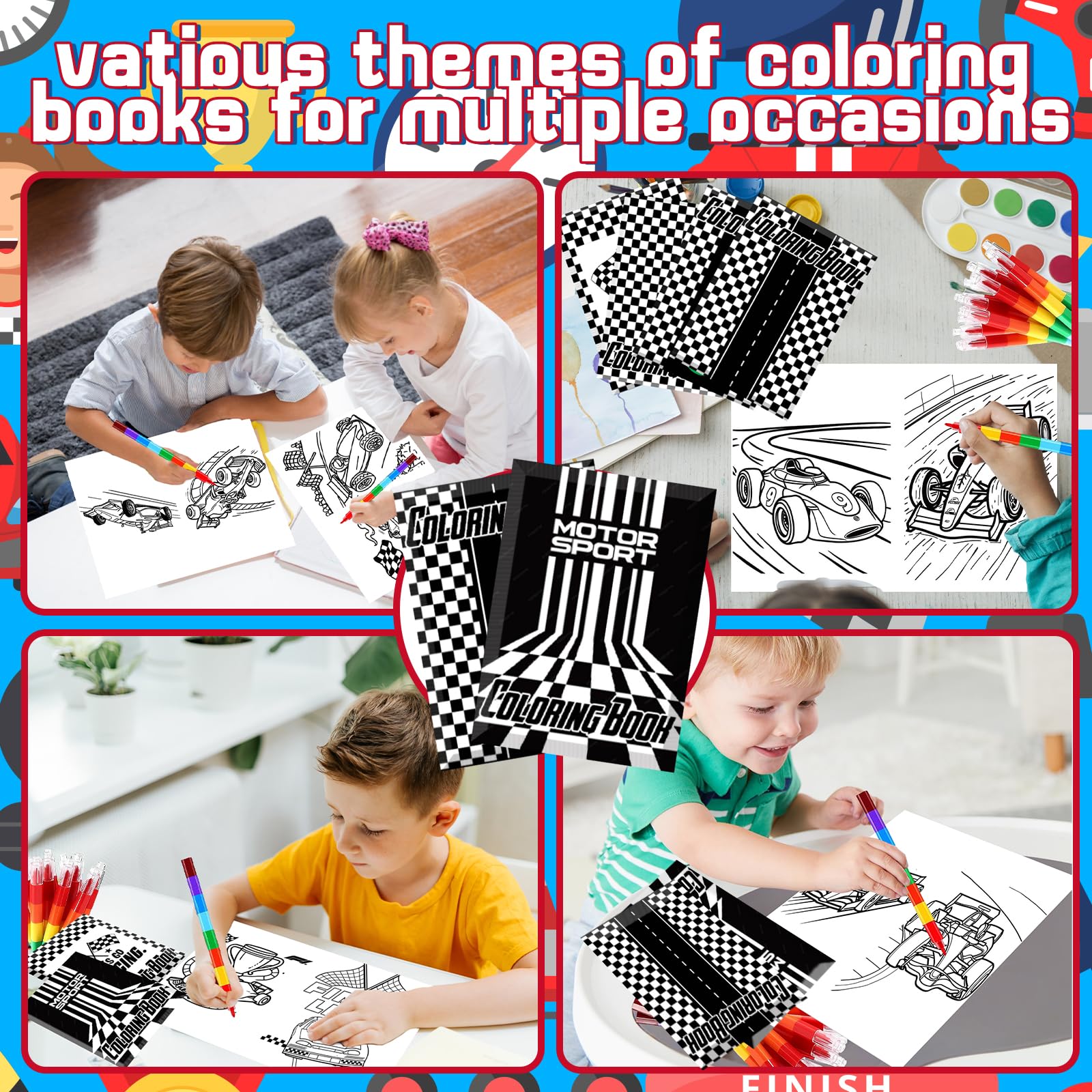 HABDJILTY 16Pcs Race Car Coloring Book Mini Coloring Books with 16Pcs Stacking Crayons Black and White Checkered Drawing Activity Book for Race Car Birthday Party Favors Supplies Painting Games Gifts