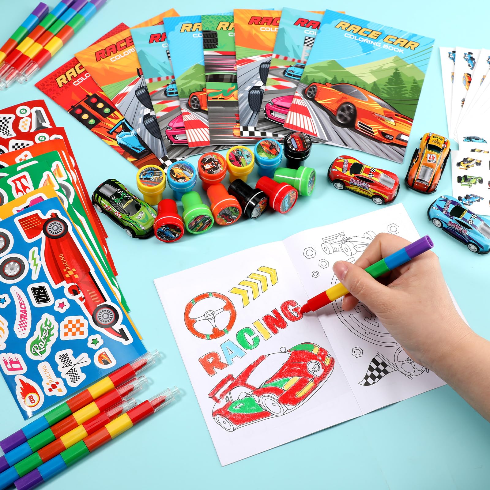 BenLouis 84Pcs Race Car Party Favors Racing Theme Coloring Books Crayons Sticker Set Bulk for Kids Fast Racecar Wheels Birthday Goodie Bag Stuffer Classroom Gifts Rewards Craft Pinata Fillers