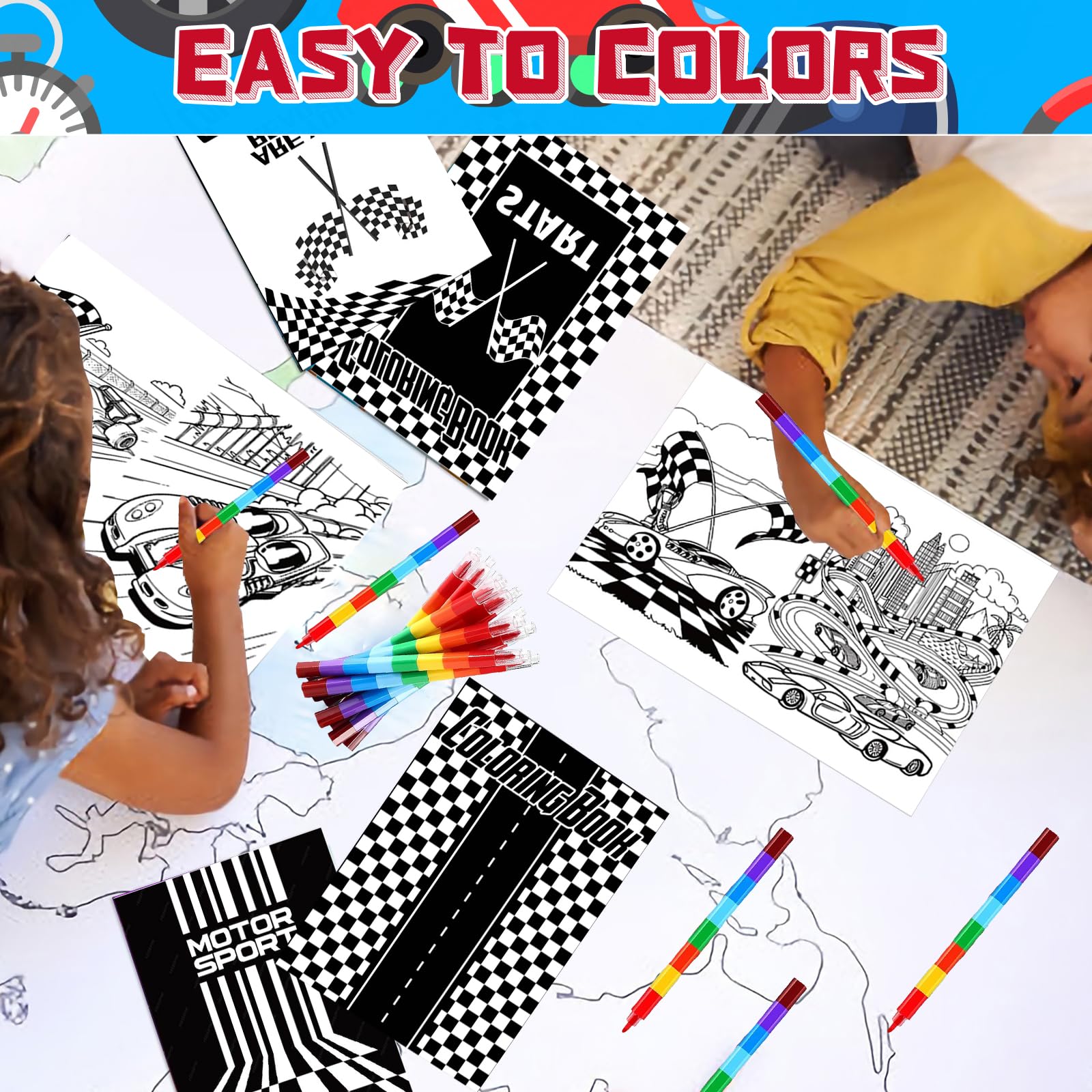 HABDJILTY 16Pcs Race Car Coloring Book Mini Coloring Books with 16Pcs Stacking Crayons Black and White Checkered Drawing Activity Book for Race Car Birthday Party Favors Supplies Painting Games Gifts
