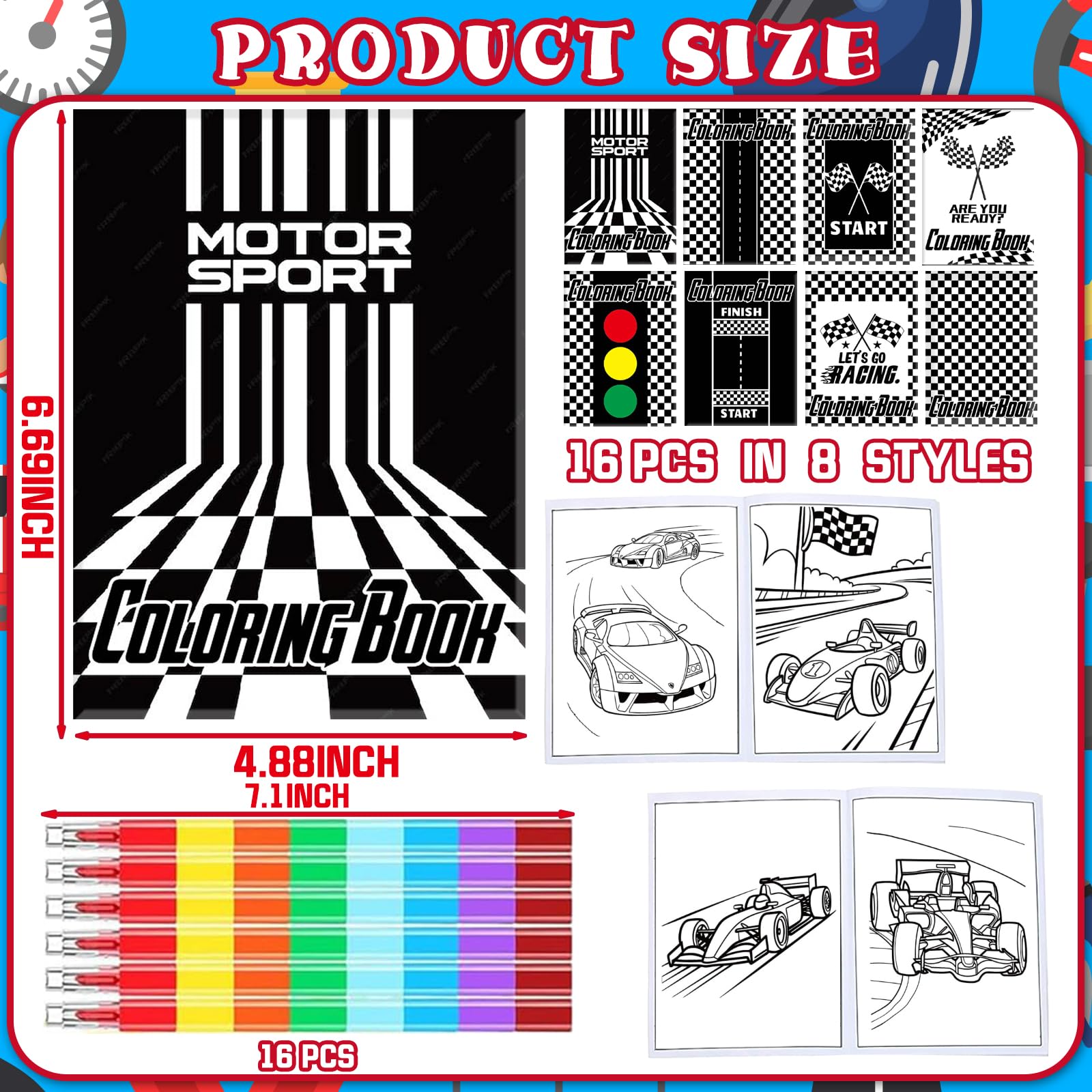 HABDJILTY 16Pcs Race Car Coloring Book Mini Coloring Books with 16Pcs Stacking Crayons Black and White Checkered Drawing Activity Book for Race Car Birthday Party Favors Supplies Painting Games Gifts