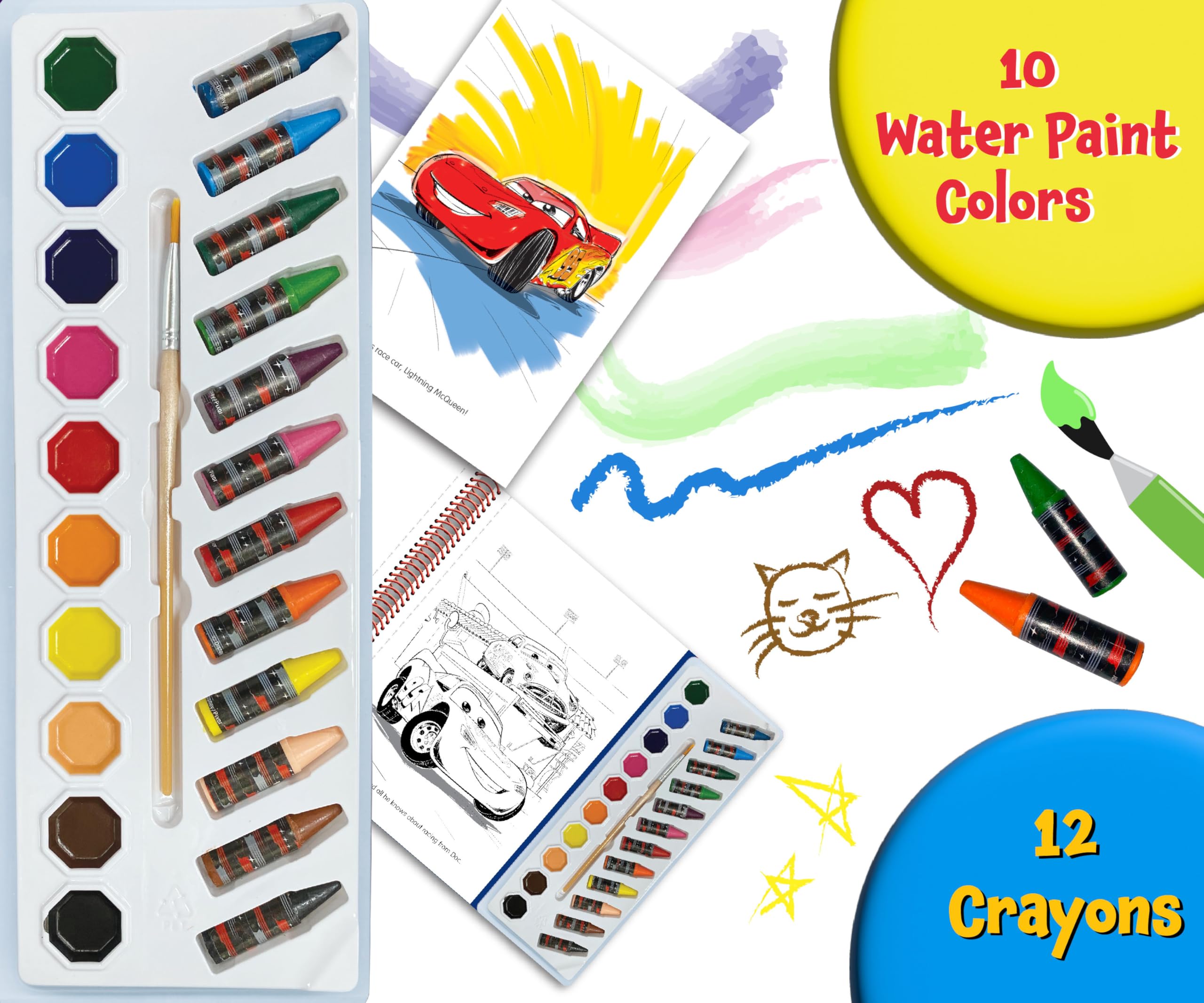 Disney / Pixar Cars Deluxe Poster Paint & Color - Coloring Book for kids, 80 illustrations, 10 watercolor paints, 12 crayons, 1 paint brush