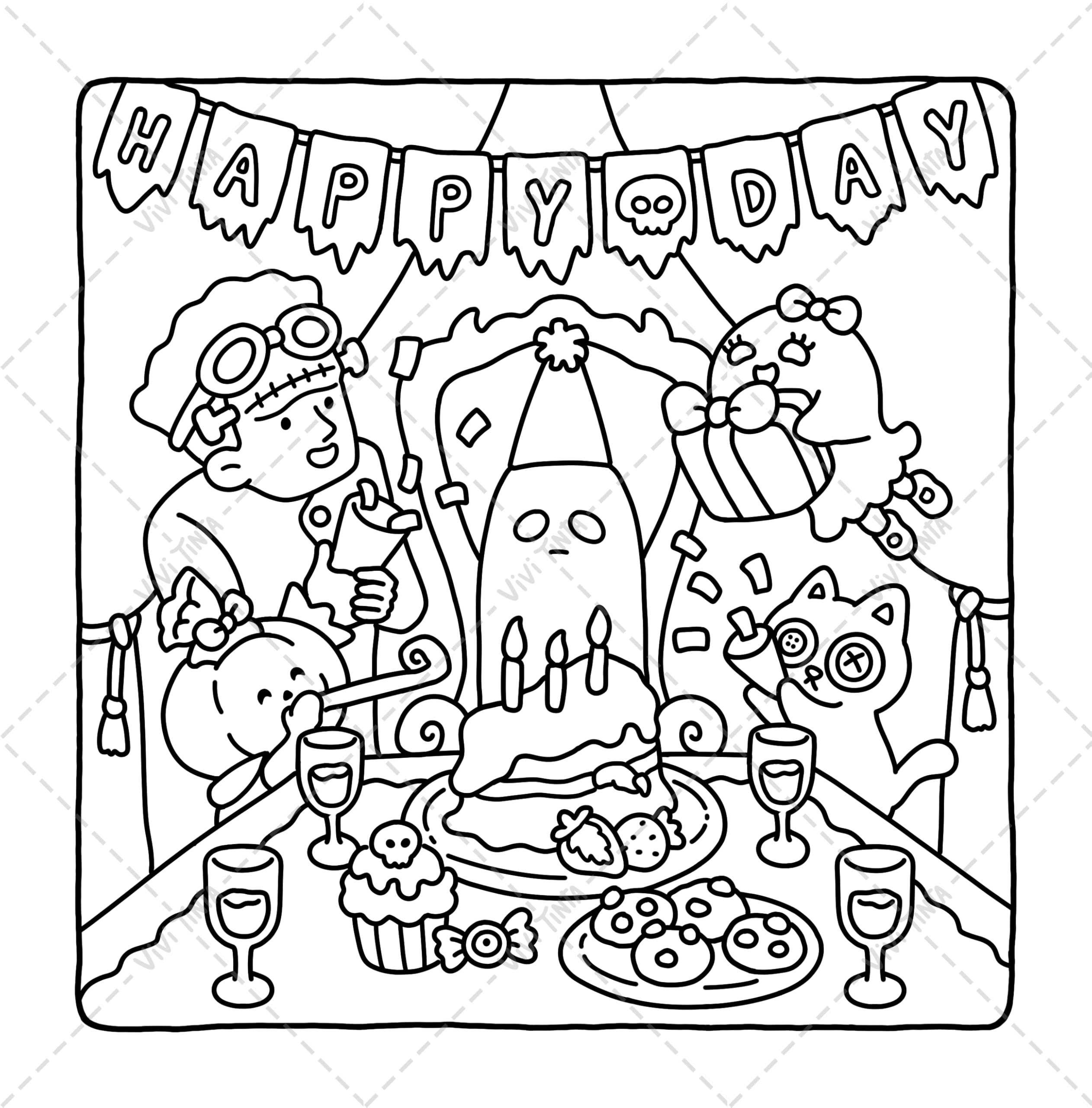 Spooky Ville: Cute & Cozy Coloring Book for Adults and Teens Featuring Hygge Moments for Relaxation