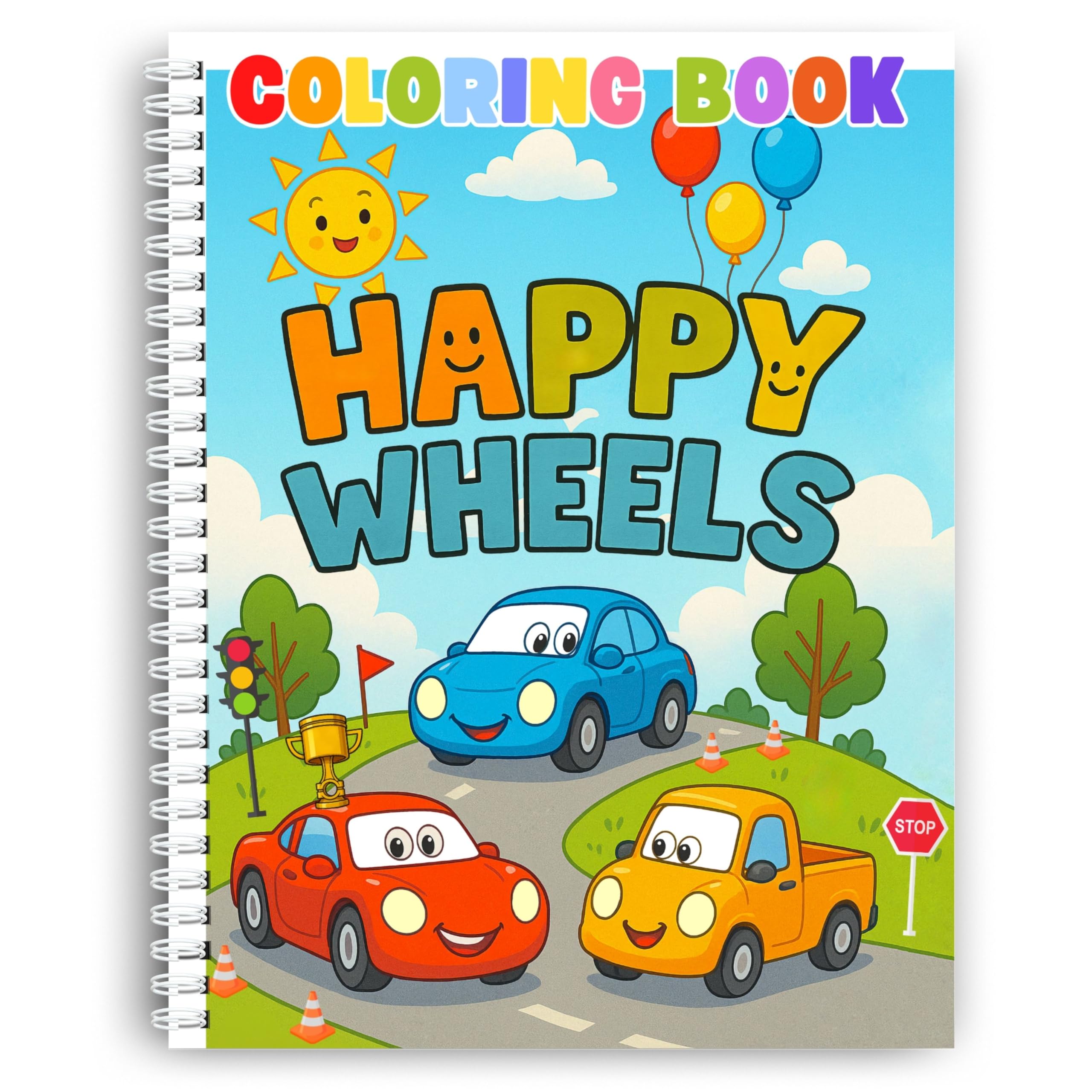 Coloring Book – Happy Wheels: Fun Vehicle Adventures for Kids – Spiral Bound, Perfect for Boys and Girls. Features Cars, Trucks, Buses & More on Wacky Roads! Thick 199 GSM Paper, Sheet Size 8.5x11 in.