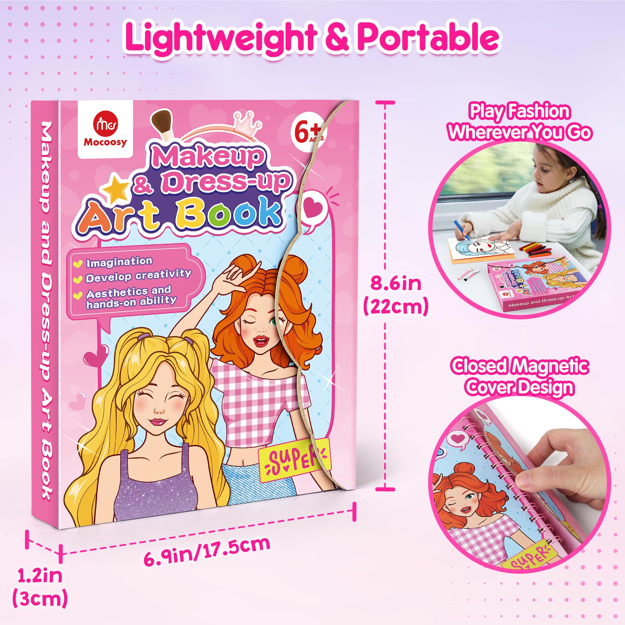 Mocoosy Makeup Craft Kit for Girls Ages 6-8, Pretend Makeup Coloring Activity Book with Stickers, Mess-Free Dress-Up Art & Crafts, Travel Game Road Trip Toy Birthday Gift for Girls 4 5 6 7 8 Years Old