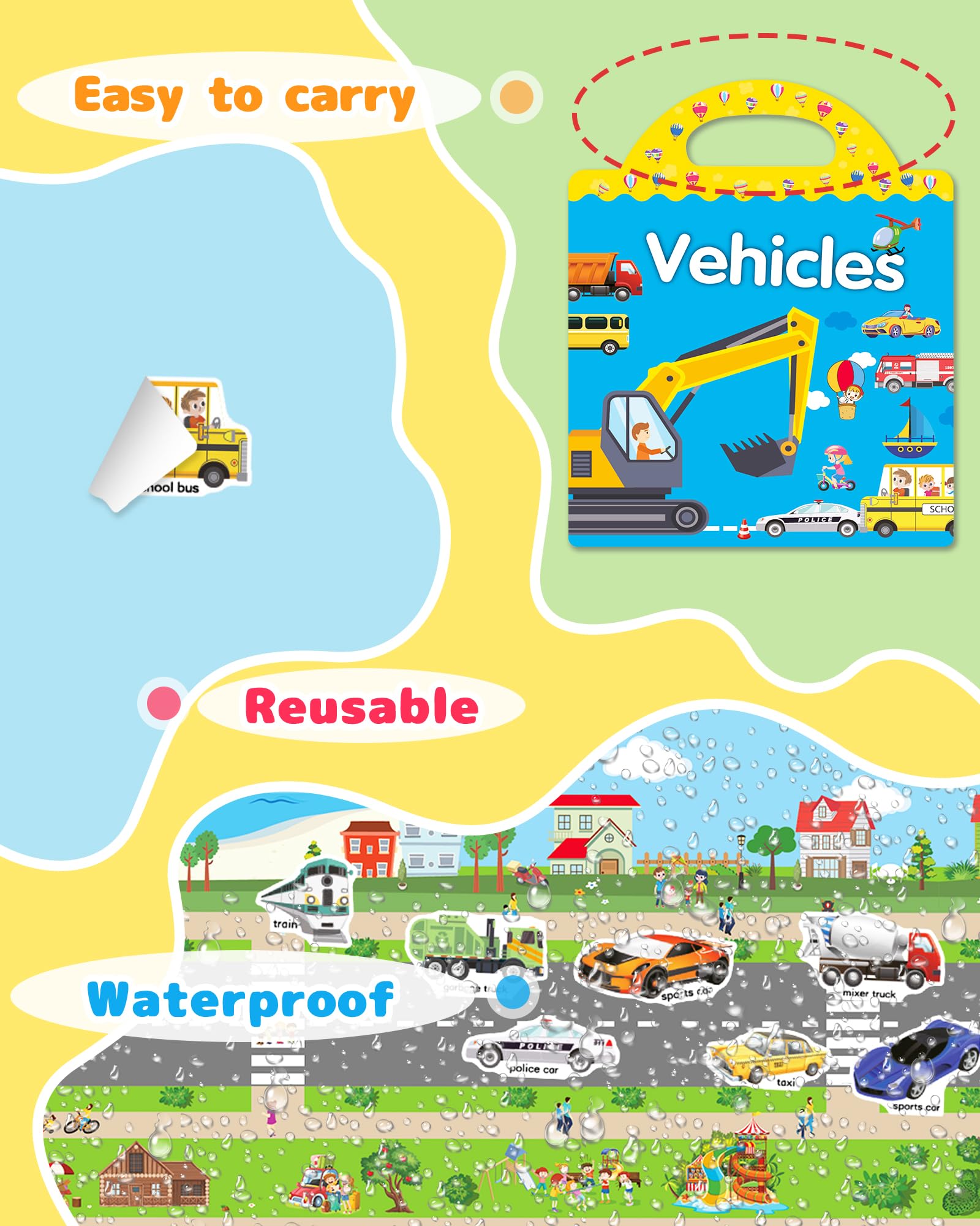 Benresive Reusable Sticker Book for Toddlers 2-4 Years, Fun Travel Stickers for Kids, Waterproof Sticker Books for Toddlers 1-3, Crafts Activities for Toddler 1-3 2-4 3-5 - Vehicle