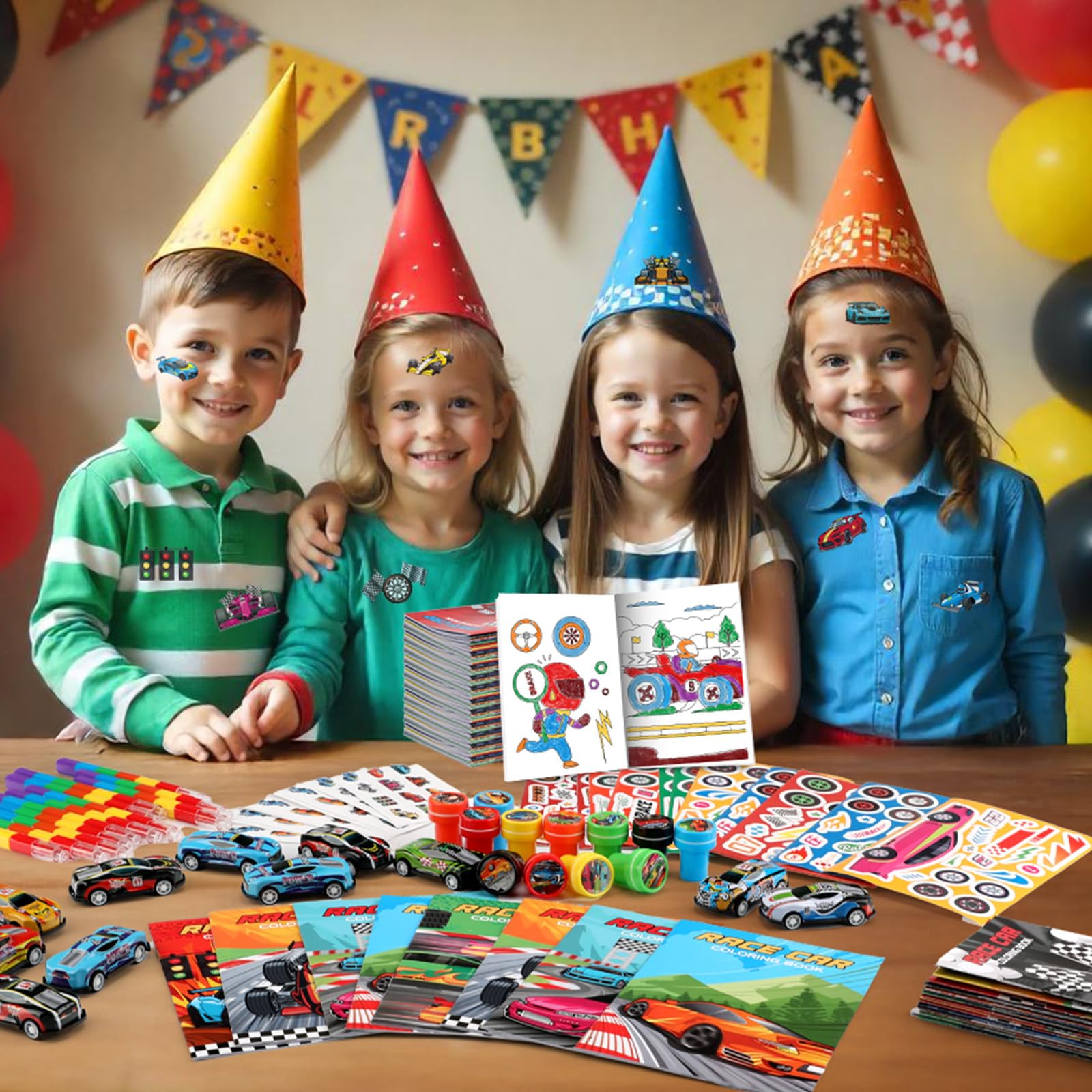 BenLouis 84Pcs Race Car Party Favors Racing Theme Coloring Books Crayons Sticker Set Bulk for Kids Fast Racecar Wheels Birthday Goodie Bag Stuffer Classroom Gifts Rewards Craft Pinata Fillers