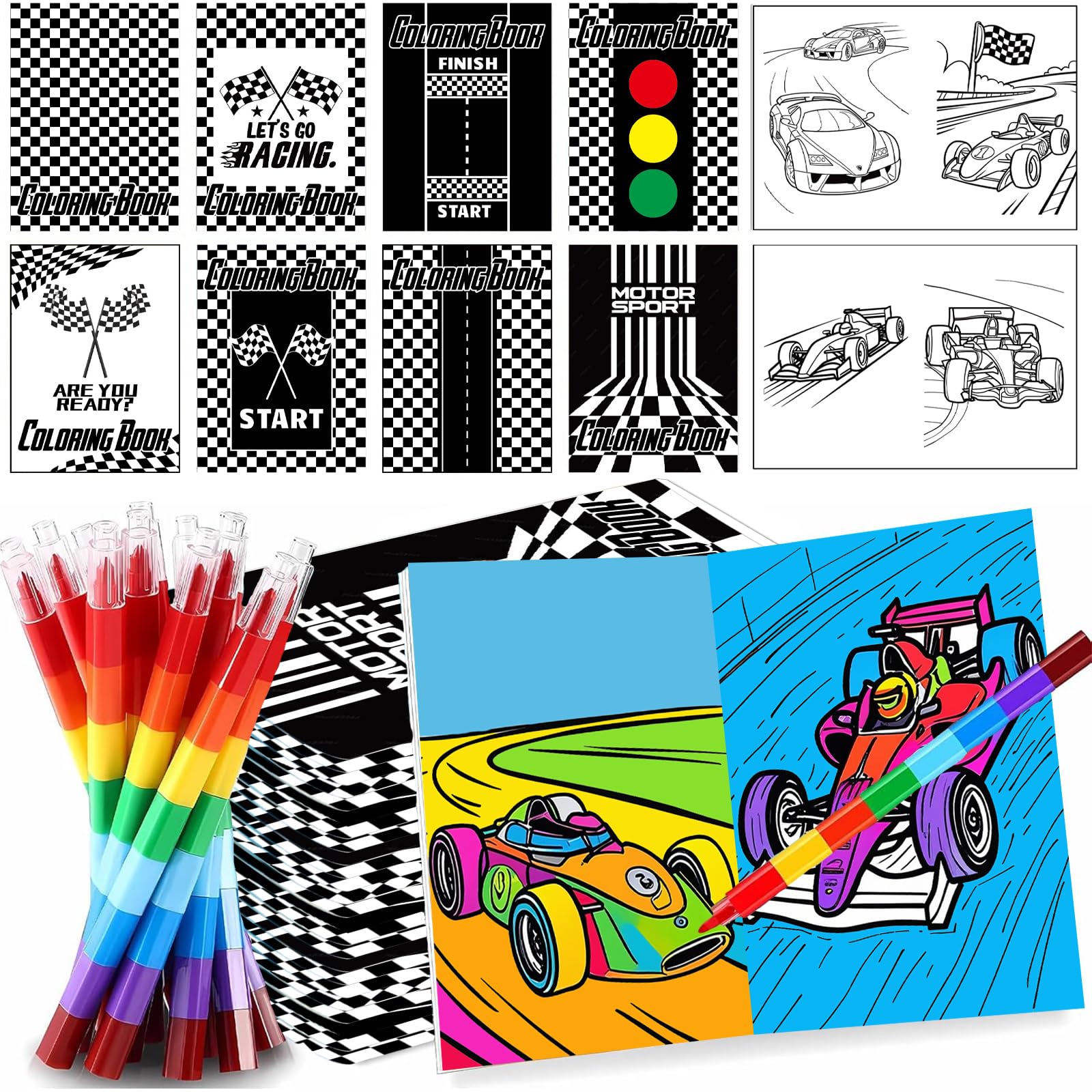 HABDJILTY 16Pcs Race Car Coloring Book Mini Coloring Books with 16Pcs Stacking Crayons Black and White Checkered Drawing Activity Book for Race Car Birthday Party Favors Supplies Painting Games Gifts