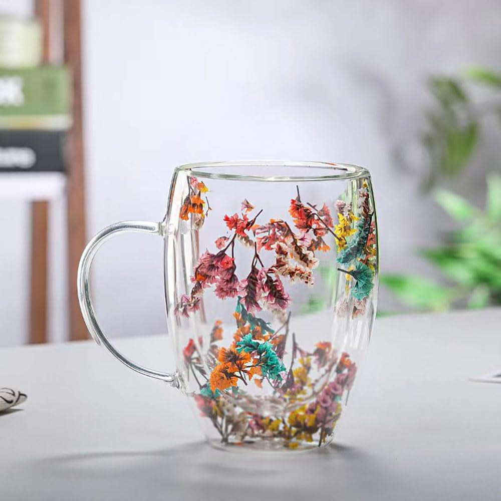 Pressed Flower Double Wall Glass Coffee Mug – Insulated Floral Tea & Coffee Cup with Handle