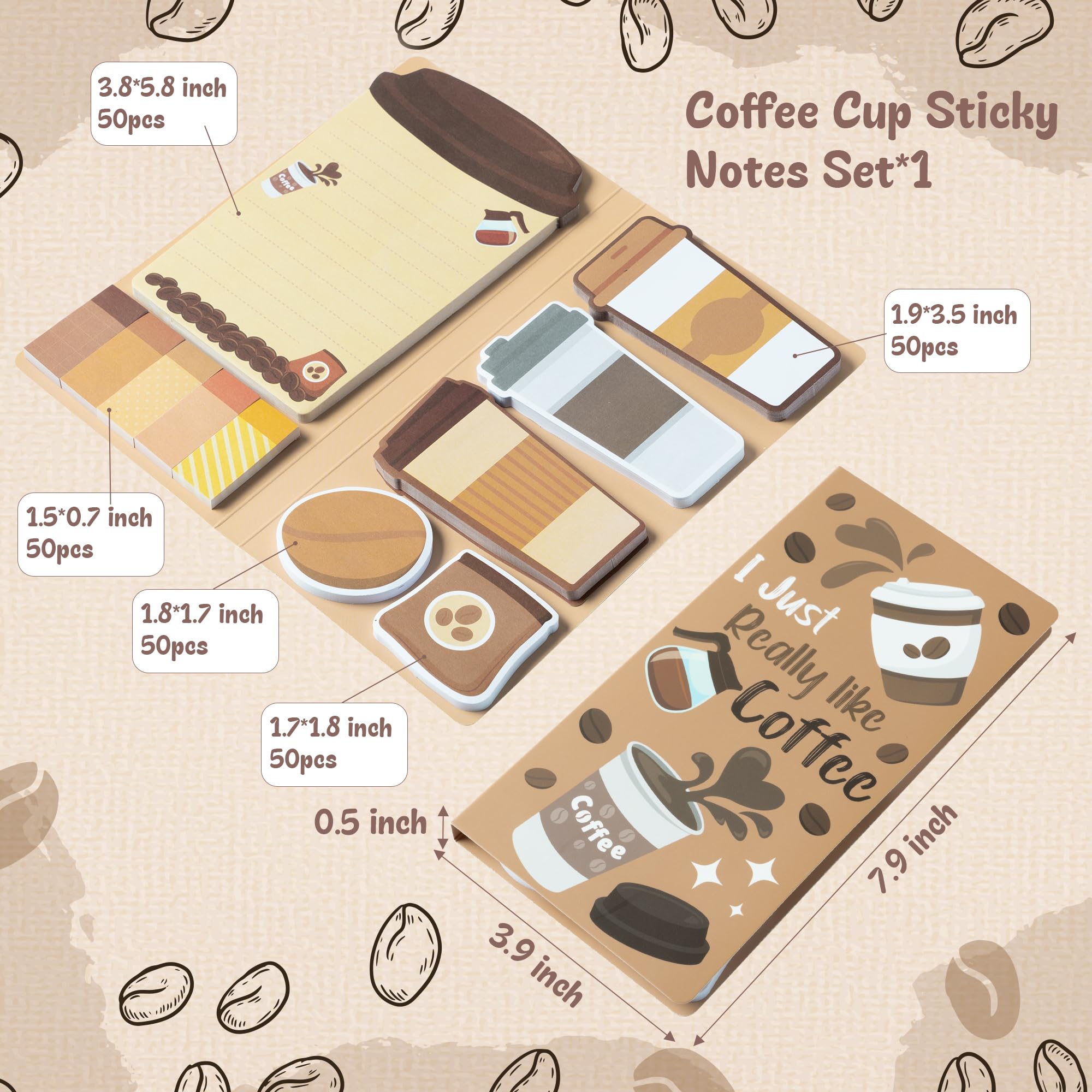 Coffee Lovers Sticky Notes Set - Cartoon Theme Cute Self-Stick Notes Pad Teacher Appreciation Gifts， Self-Adhesive Writing Memo Pages Sticky to Do Notepad for Kids Employee School Office