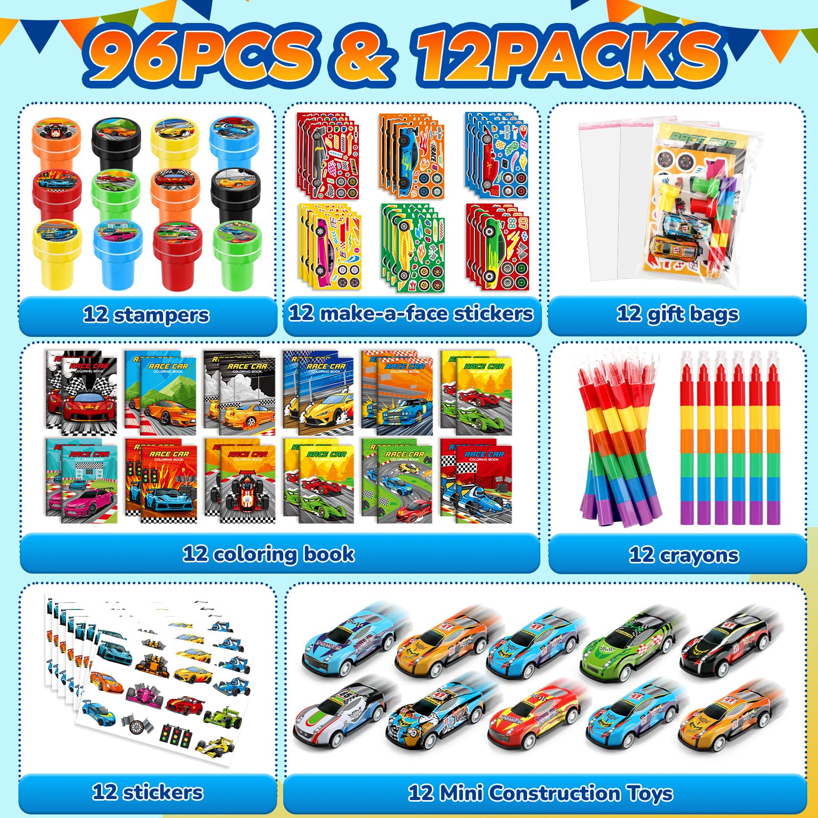 BenLouis 84Pcs Race Car Party Favors Racing Theme Coloring Books Crayons Sticker Set Bulk for Kids Fast Racecar Wheels Birthday Goodie Bag Stuffer Classroom Gifts Rewards Craft Pinata Fillers