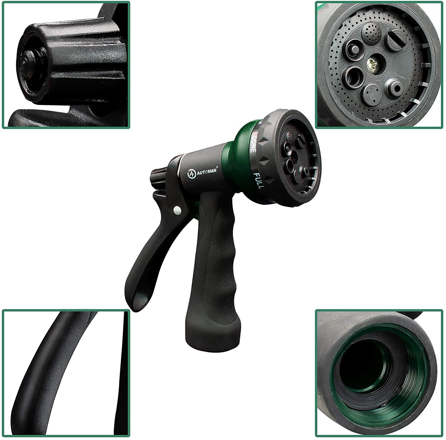 Automan-Garden-Hose-Nozzle, ABS Water Spray Nozzle with 7 Adjustable Watering Patterns, Slip Resistant for Watering Plants, Lawn& Garden, Washing Cars, Cleaning, Showering Pets & Outdoor Fun.
