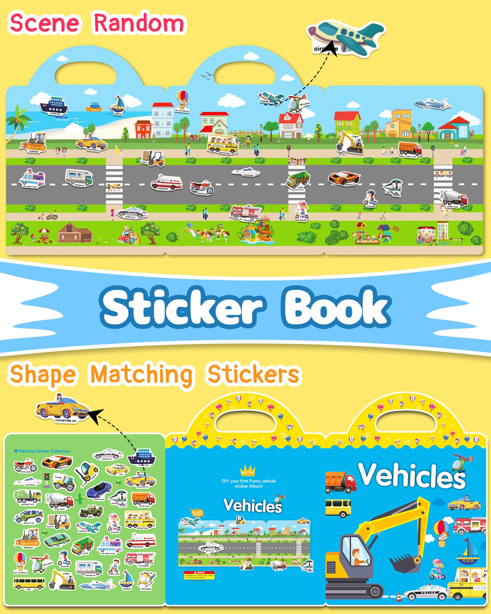 Benresive Reusable Sticker Book for Toddlers 2-4 Years, Fun Travel Stickers for Kids, Waterproof Sticker Books for Toddlers 1-3, Crafts Activities for Toddler 1-3 2-4 3-5 - Vehicle
