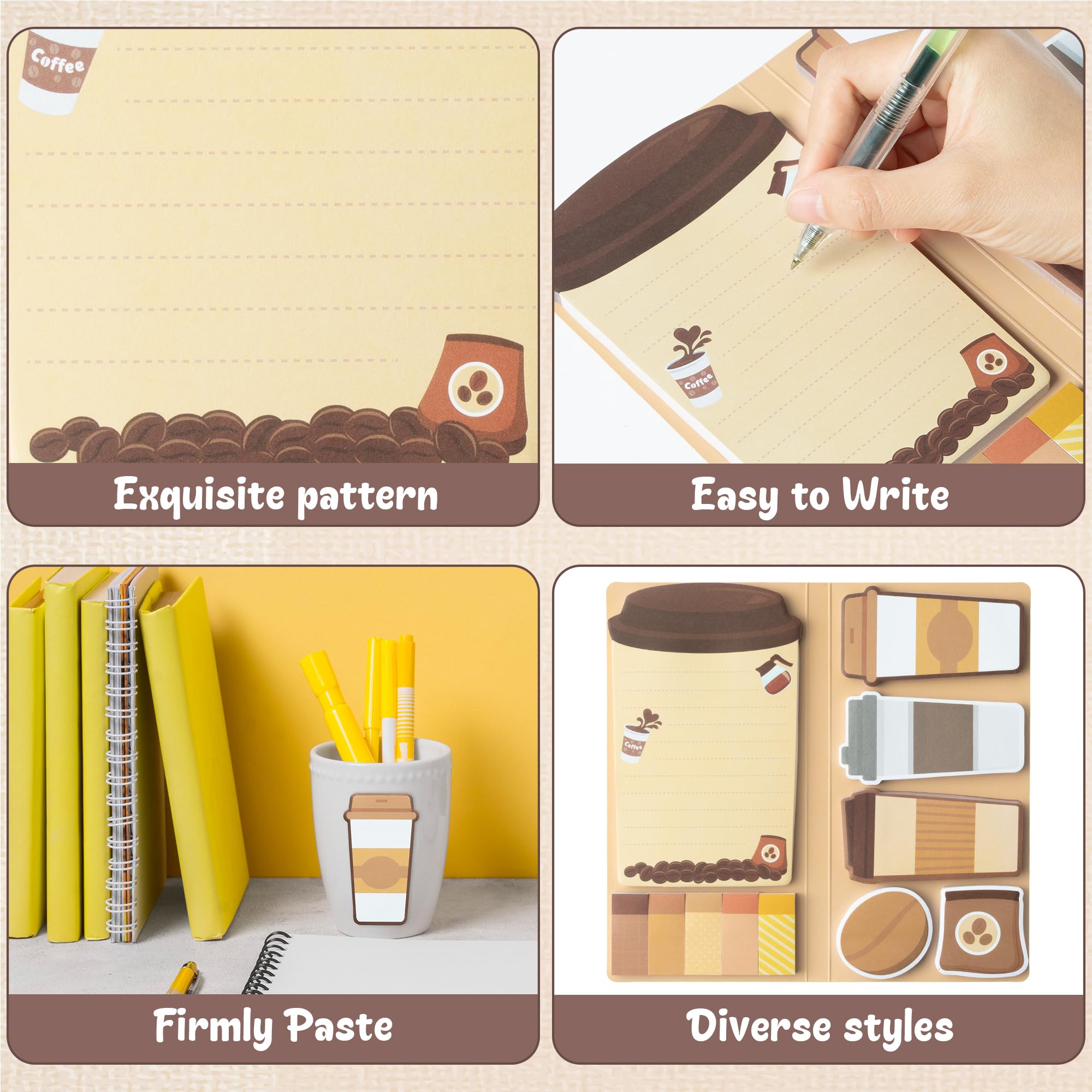 Coffee Lovers Sticky Notes Set - Cartoon Theme Cute Self-Stick Notes Pad Teacher Appreciation Gifts， Self-Adhesive Writing Memo Pages Sticky to Do Notepad for Kids Employee School Office