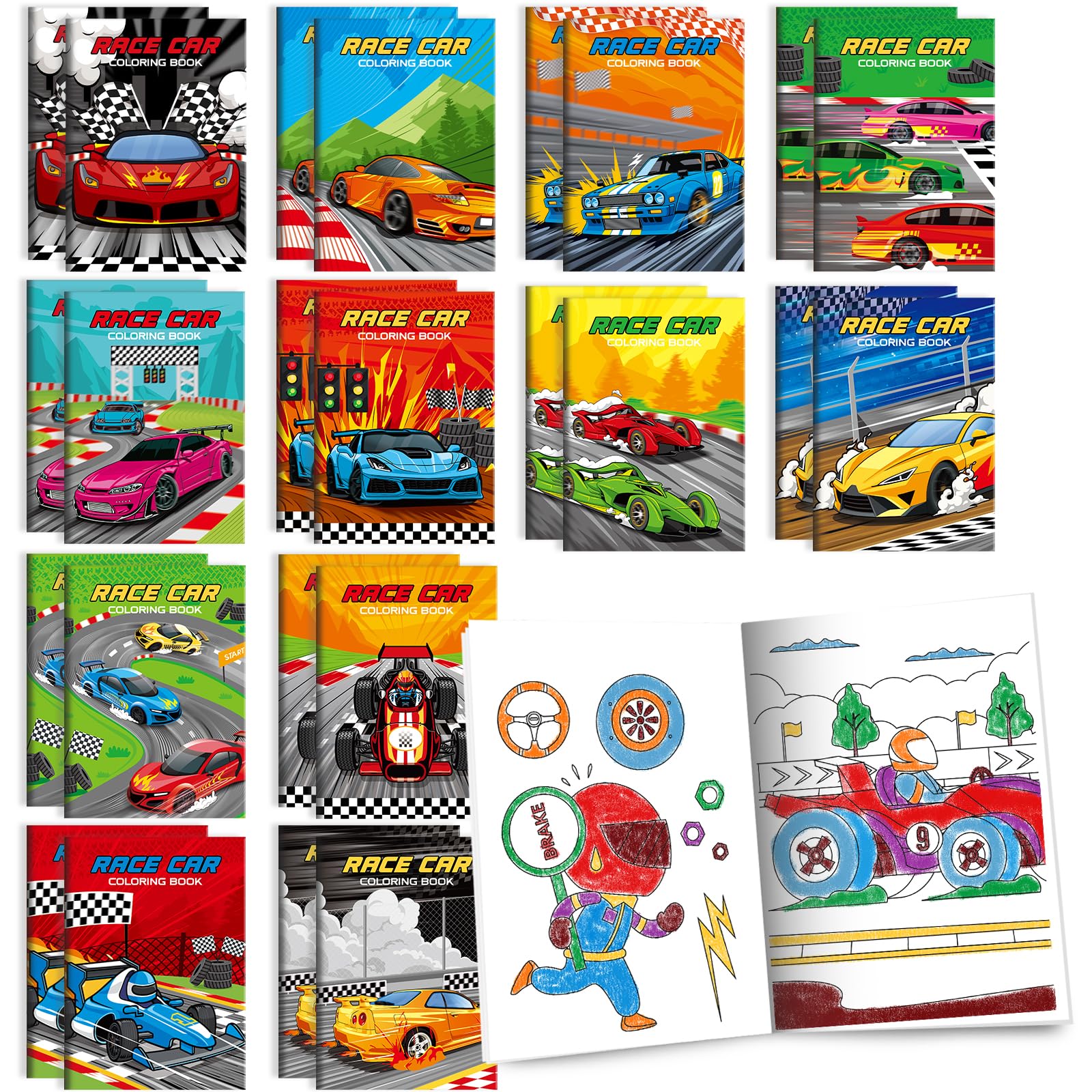 BenLouis 24 Pcs Race Car Mini Coloring Books Kids Racing Theme Party Favors Small Activity Books Bulk for Kids Fast Racecar Wheel Birthday Goodie Bags Stuffers Return Gifts Classroom Travel