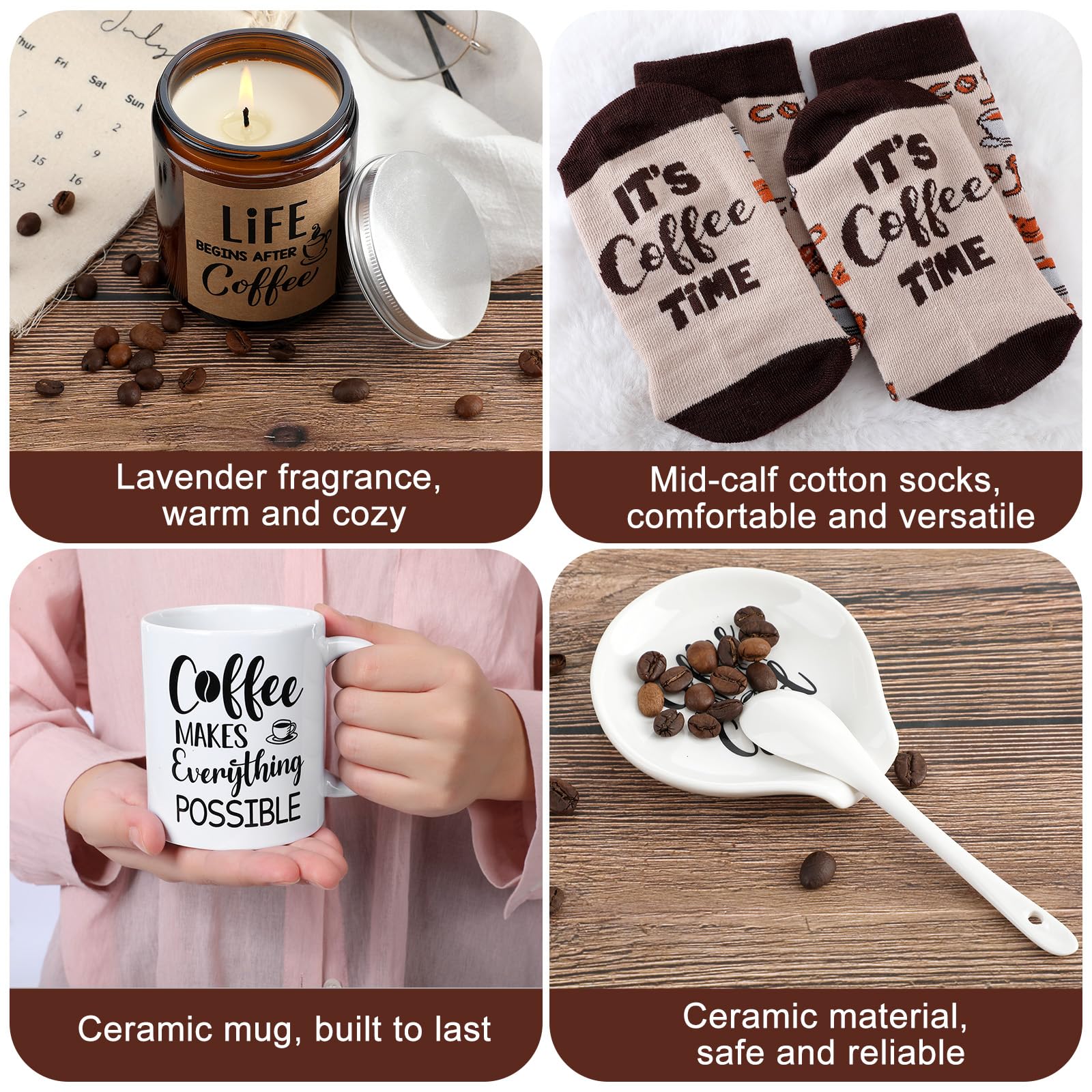 5 Piece Coffee Lovers Gift Set - Includes Mug and Spoon Rest Holder,Candle and Socks,Coffee Theme Box Basket Idea for Men Women Mother's Day Graduation Gift