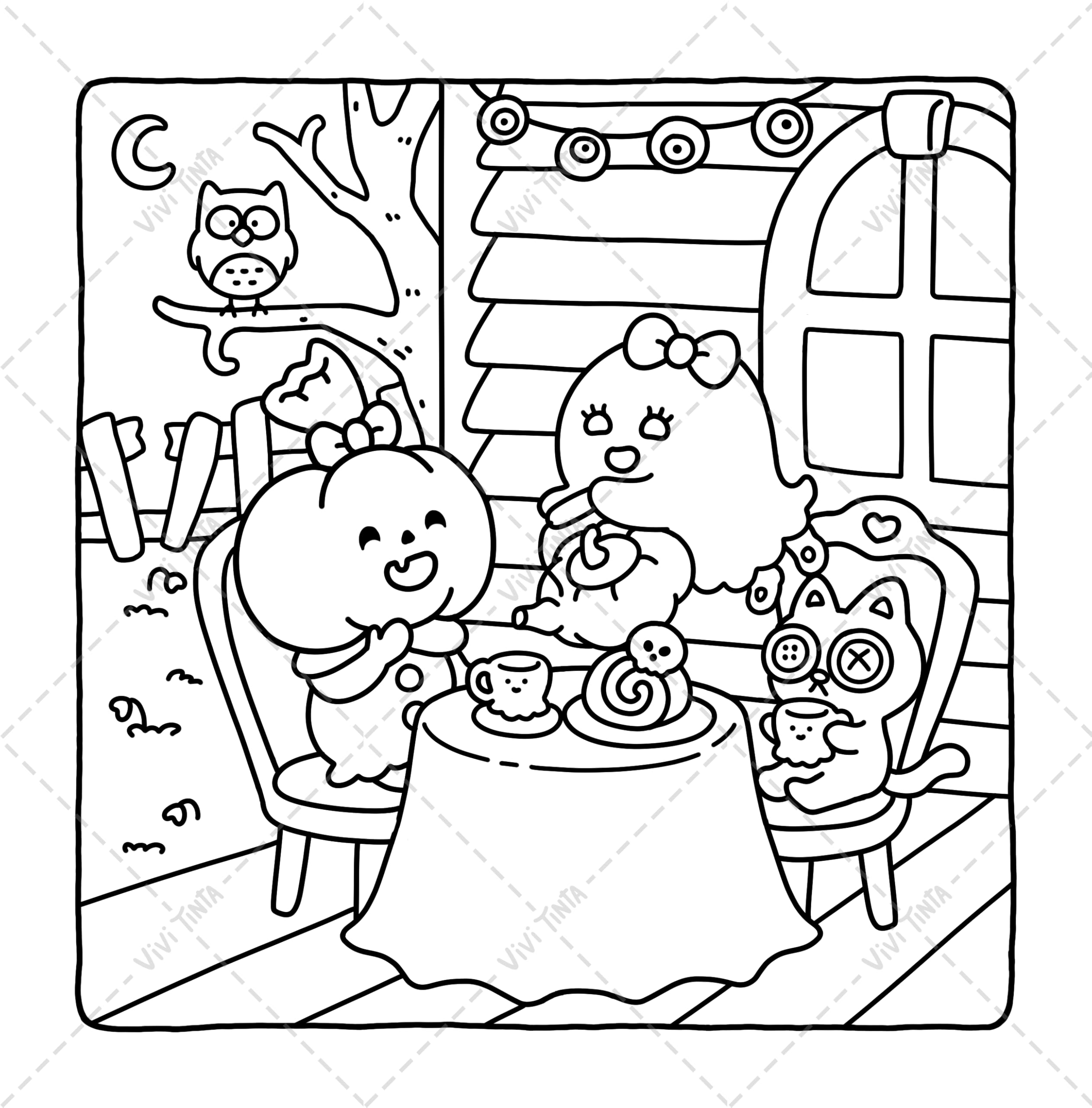 Spooky Ville: Cute & Cozy Coloring Book for Adults and Teens Featuring Hygge Moments for Relaxation