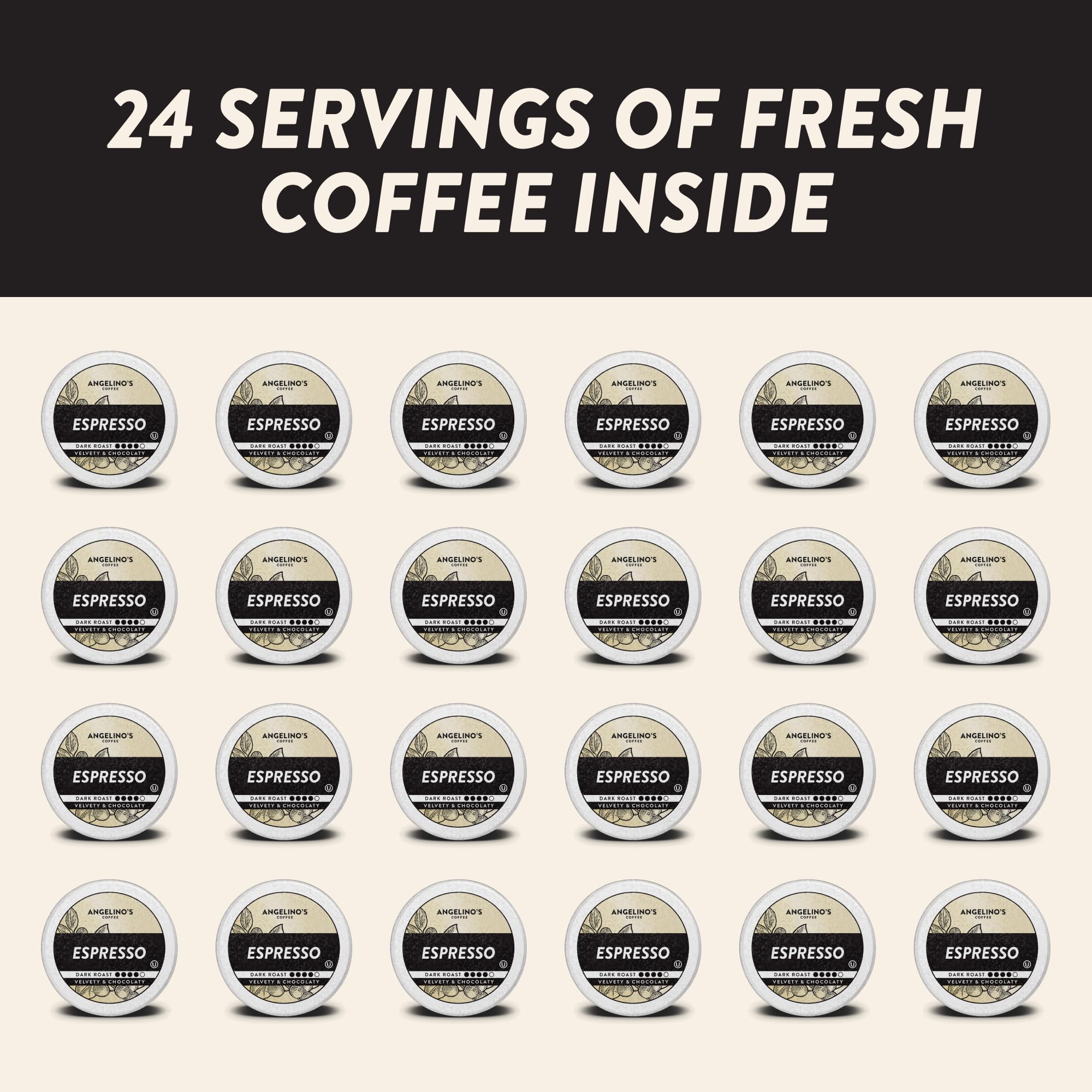 Angelino's Coffee Espresso Pods Keurig Compatible - 24 Count, Dark Roast Coffee for Keurig K-Cup Brewers, Cafe Style, Best Strong Espresso Coffee Pods (24 Count, Espresso)