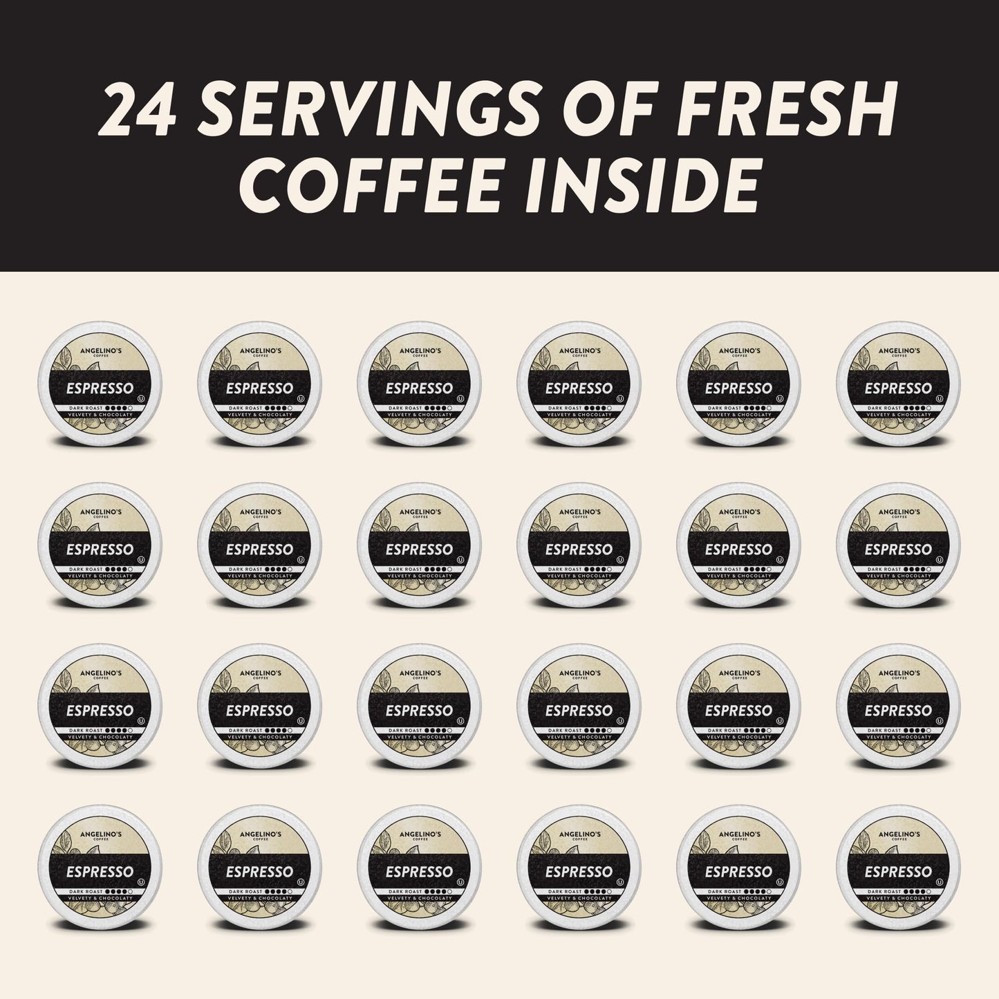 Angelino's Coffee Espresso Pods Keurig Compatible - 24 Count, Dark Roast Coffee for Keurig K-Cup Brewers, Cafe Style, Best Strong Espresso Coffee Pods (24 Count, Espresso)