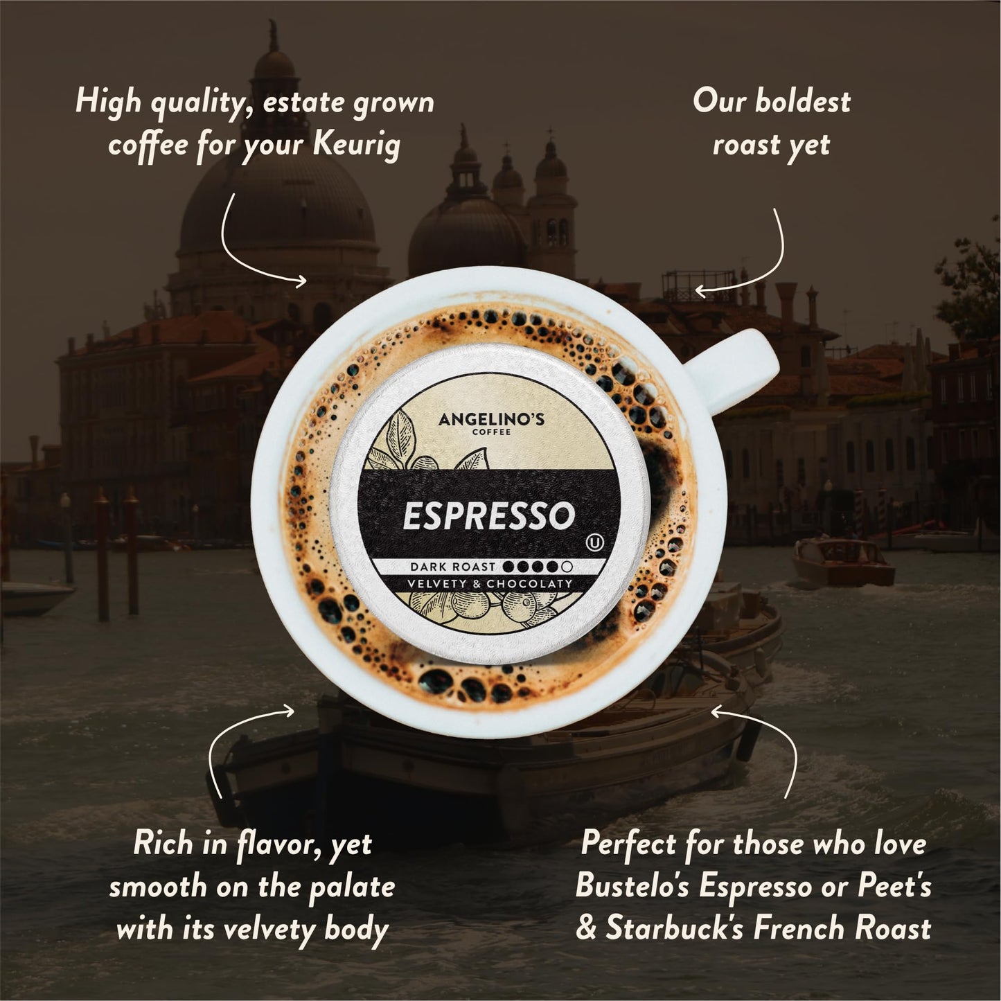 Angelino's Coffee Espresso Pods Keurig Compatible - 24 Count, Dark Roast Coffee for Keurig K-Cup Brewers, Cafe Style, Best Strong Espresso Coffee Pods (24 Count, Espresso)