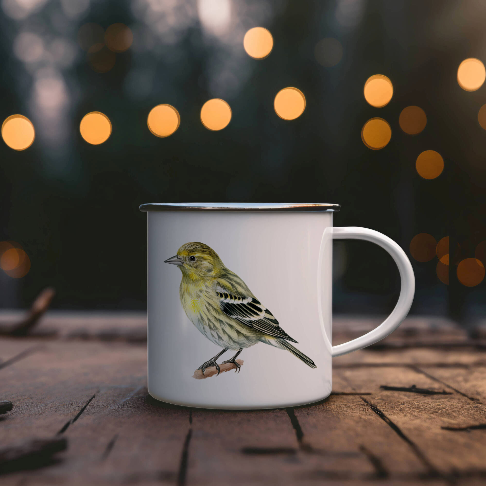 Bird Watching Mug, Pine Siskin Song Bird Camping Mug, 12oz Camping Mug, White Stainless Steel Cup with Handle