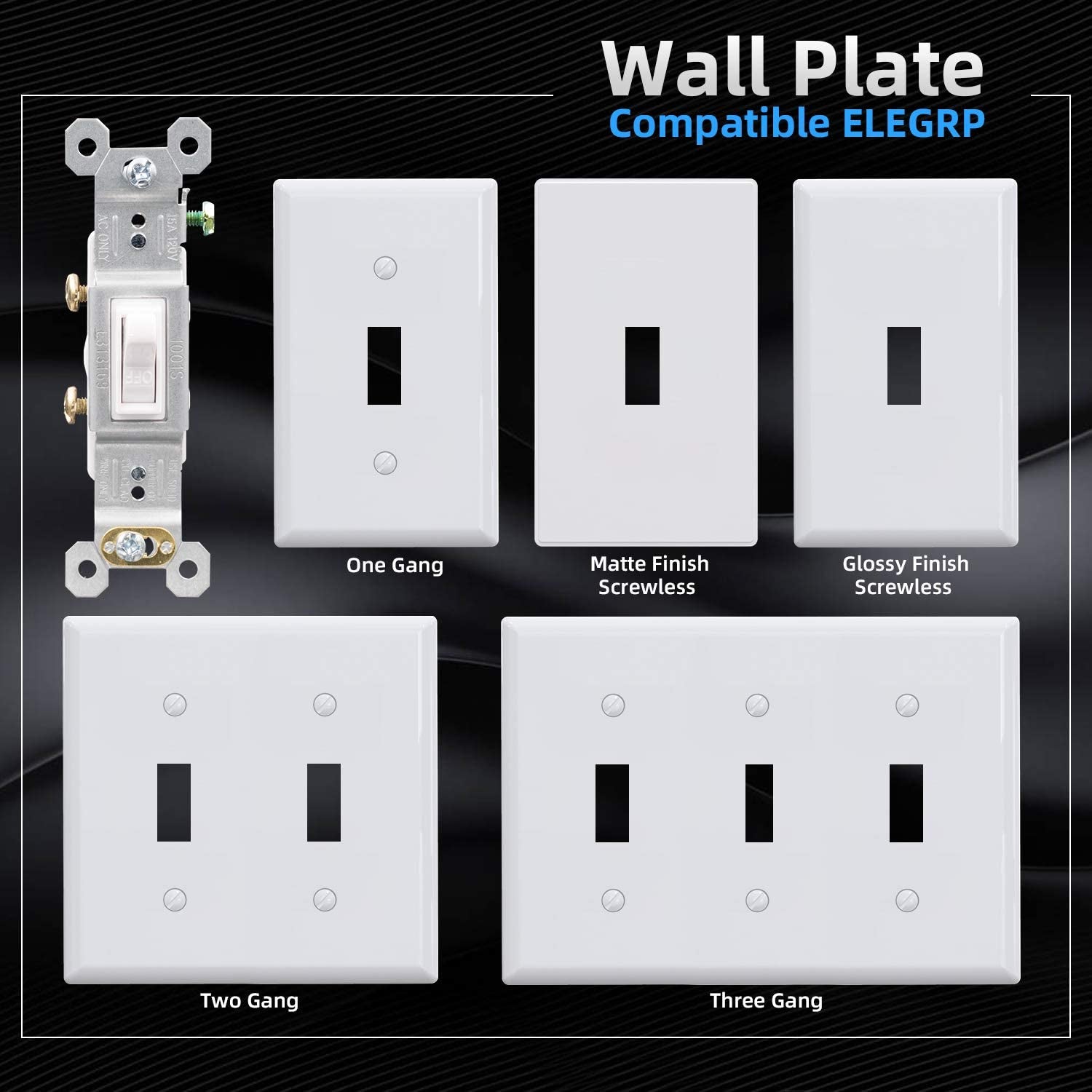 ELEGRP Single Pole Toggle Light Switch, 15 Amp, 120 Volt, Toggle Framed AC Quiet Switch, in Wall On/Off Switch Replacement, Self-Grounding, Residential and Commercial Grade, UL (5 Pack, Glossy White)