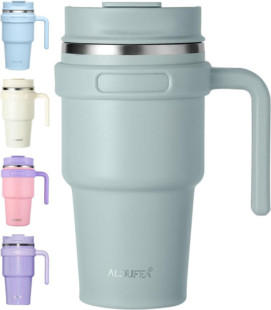 20 Oz Insulated Coffee Mug Tumbler with Handle, Stainless Steel Travel Mug Tumbler with Lid and Straw,Double Wall Vacuum Leak Proof Ice Coffee Thermal Cup,Sage