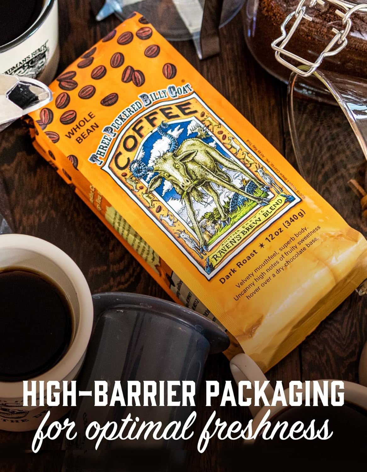 Three Peckered Billy Goat Dark Roast Coffee - 12 Oz Whole Bean - Bold Flavor with a Sweet Finish