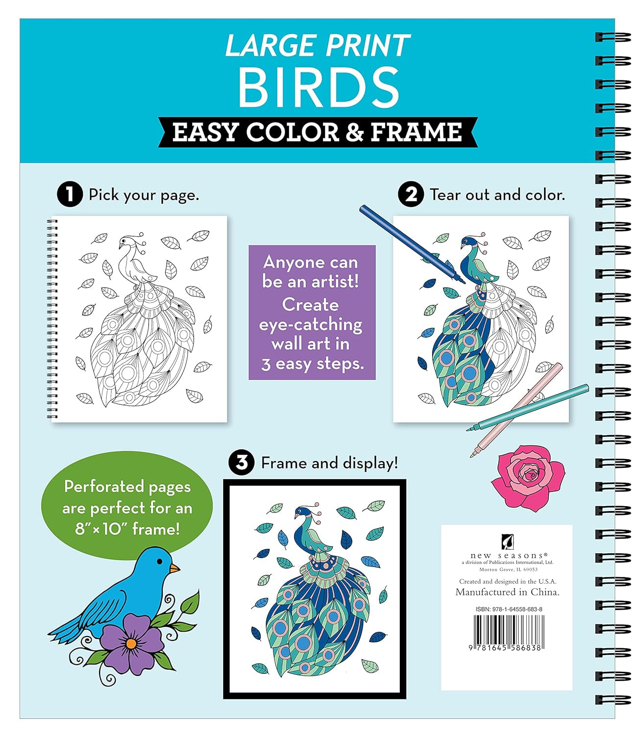 Large Print Easy Color & Frame - Birds (Stress Free Coloring Book)