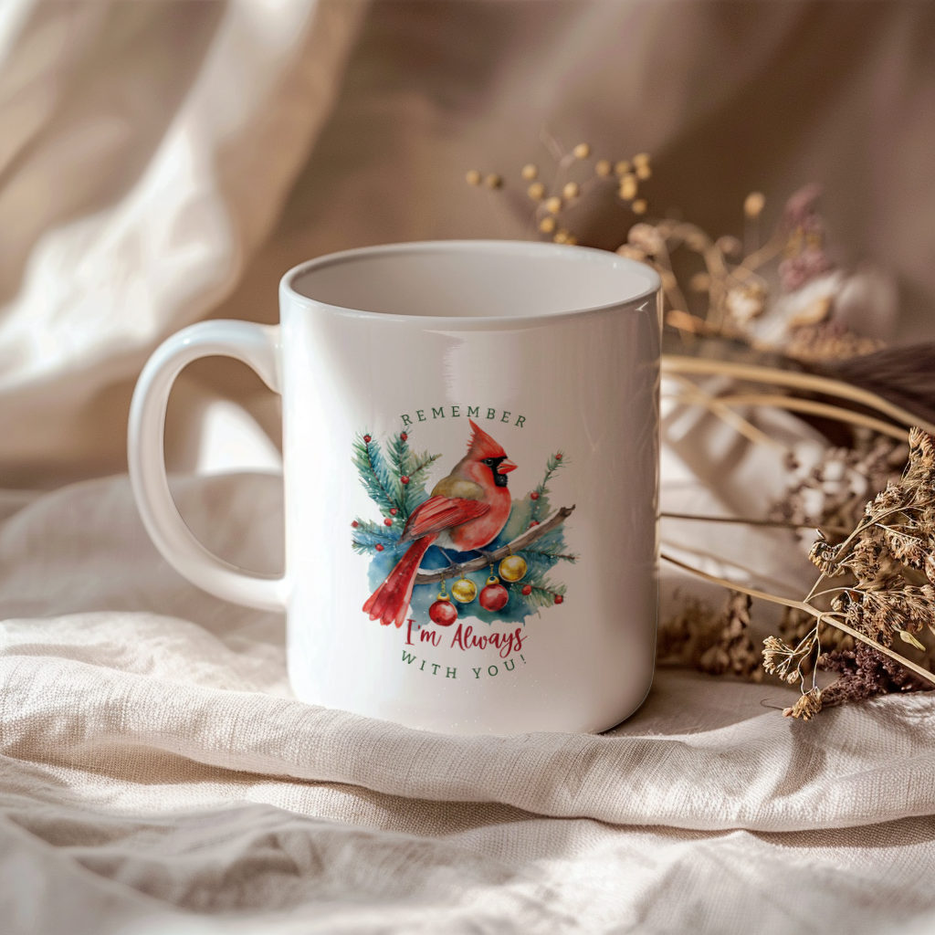 Red Cardinal Mug – Northern Red Cardinal Christmas Mug with Heartfelt Message, 11oz or 15oz White Ceramic Coffee Cup
