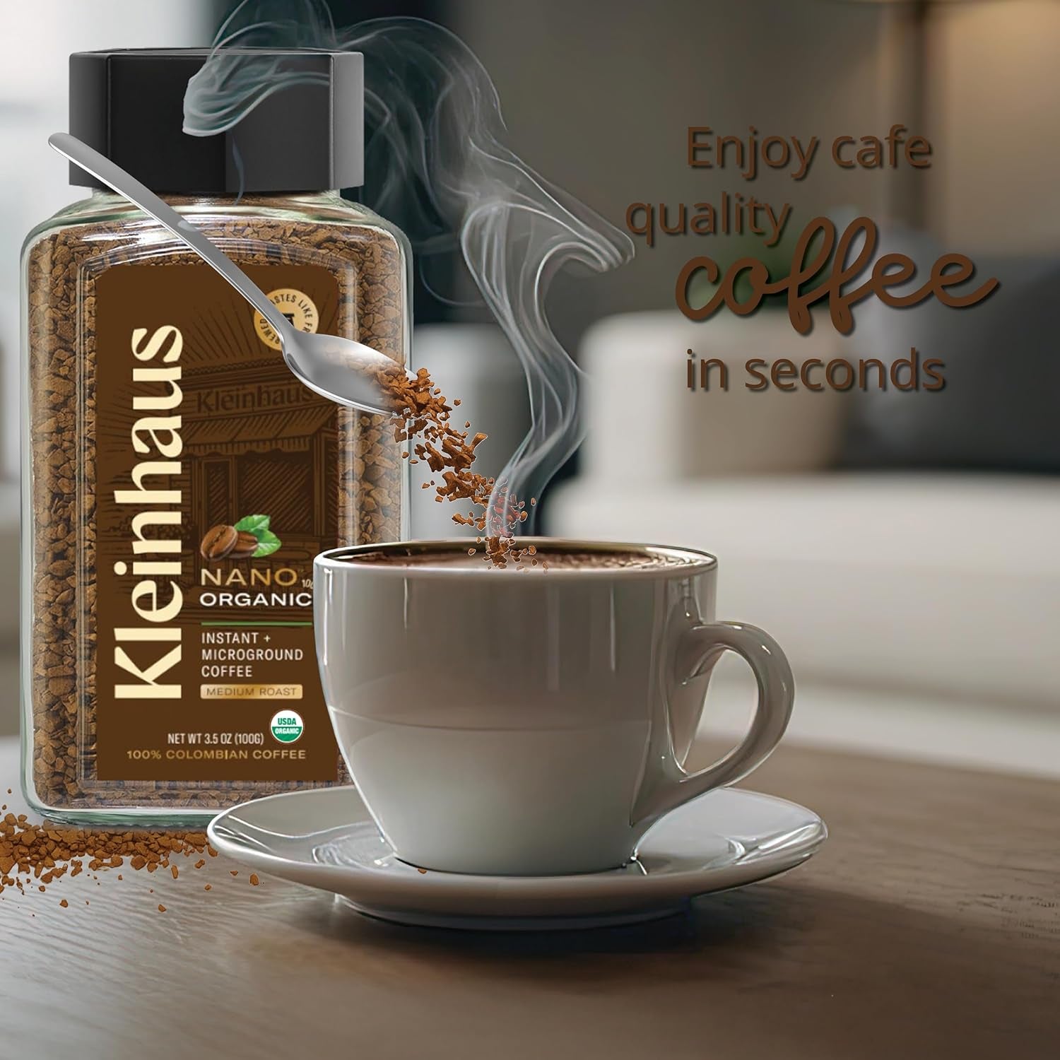 Organic Medium Roast Nano Instant Coffee + Microground | 100% Colombian Arabica Coffee | Freeze Dried | Fresh Brewed Taste | 1 Jar 3.5 Oz
