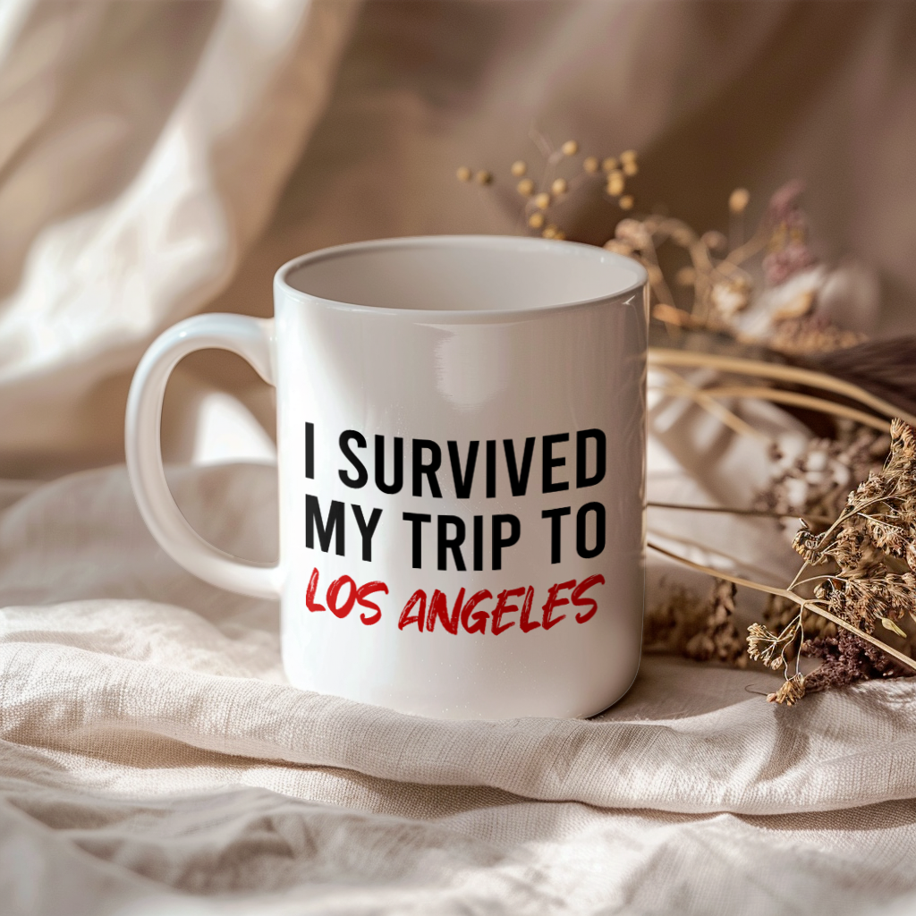 Funny Travel Mug – I Survived My Trip to Los Angeles, 11oz or 15oz White Ceramic Coffee Mug, Novelty Travel Gift