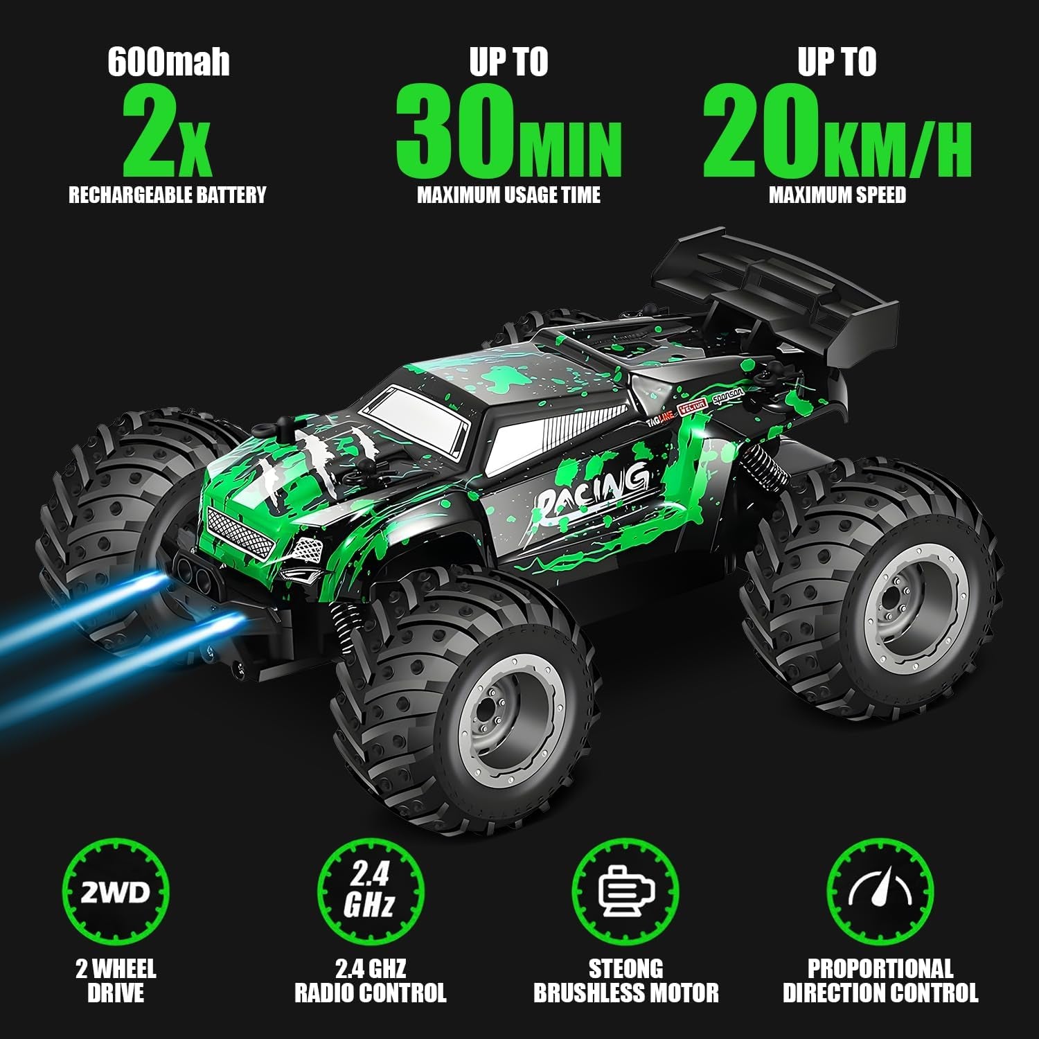 Remote Control Car, 2.4Ghz High Speed 18KM/H Monster Truck Toys, 4WD RC Car with 2 Rechargeable Batteries, 200Ft Range, 1:20 Scale All Terrain RC Cars, Toys Gifts for Kids and Adults - LED Headlights
