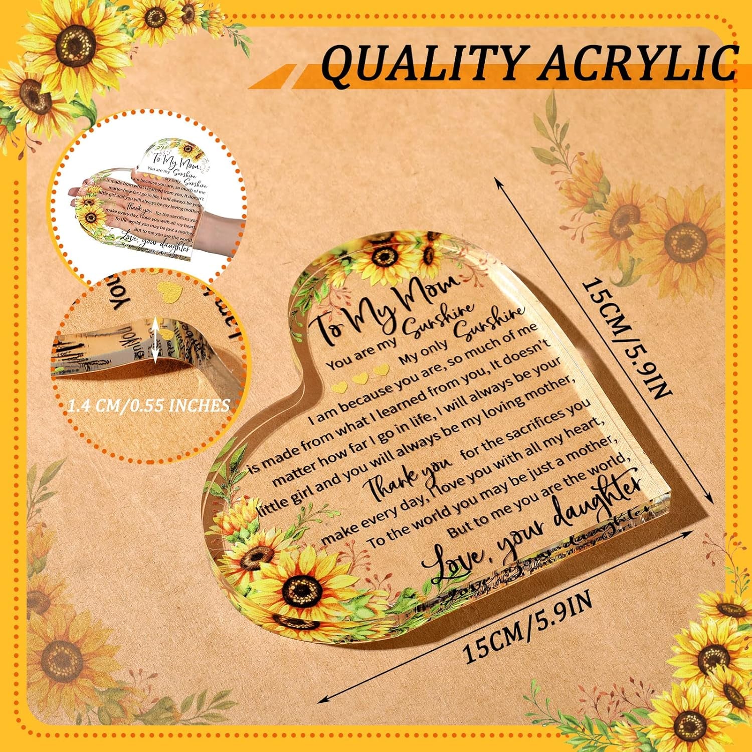 Mothers Day Gifts Acrylic Mom Birthday Sign Plaque Presents from Daughter Son Grateful Birthday Christmas Valentines Gifts, 5.91 X 5.91 X 0.55 Inches (Sunflower)