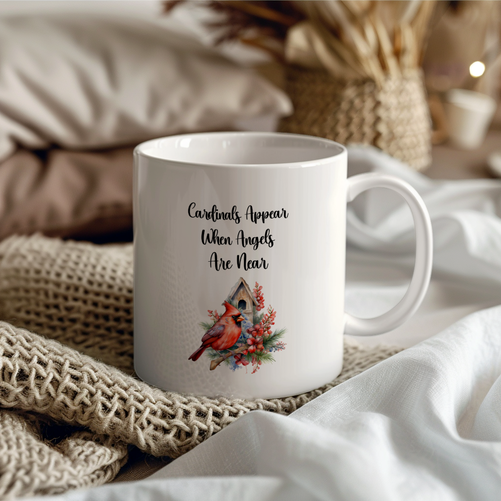 Red Cardinal Mug – "Cardinals Appear When Angels Are Near," 11oz or 15oz Ceramic Christmas Coffee Mug Gift for Cardinal Lovers