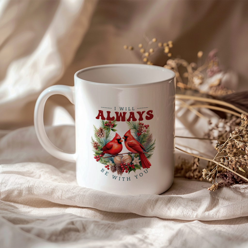 Red Cardinal Mug – Northern Red Cardinal Christmas Mug with Heartfelt Message, 11oz or 15oz White Ceramic Coffee Cup