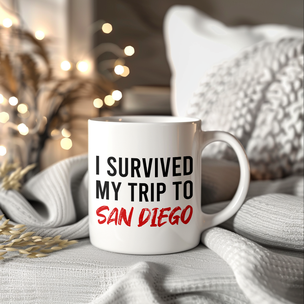 Funny Travel Mug – I Survived My Trip to San Diego, 11oz or 15oz White Ceramic Coffee Mug, Novelty Travel Gift
