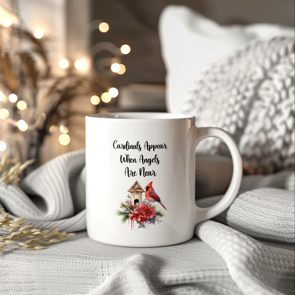 Red Cardinal Mug – "Cardinals Appear When Angels Are Near," 11oz or 15oz Ceramic Christmas Coffee Mug Gift for Cardinal Lovers