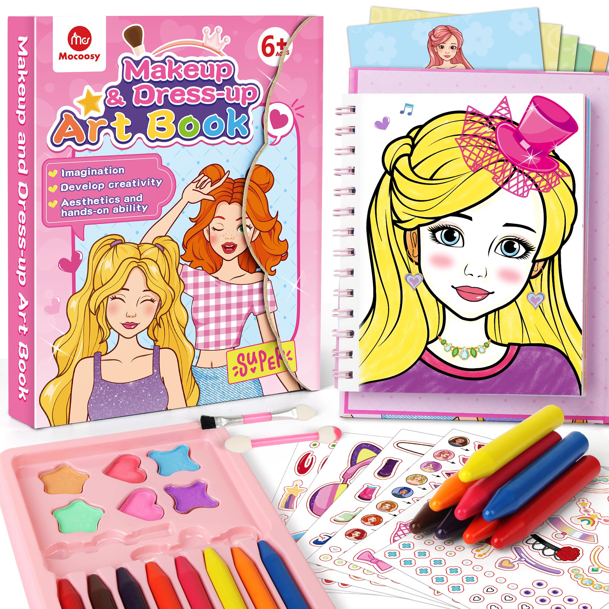 Mocoosy Makeup Craft Kit for Girls Ages 6-8, Pretend Makeup Coloring Activity Book with Stickers, Mess-Free Dress-Up Art & Crafts, Travel Game Road Trip Toy Birthday Gift for Girls 4 5 6 7 8 Years Old