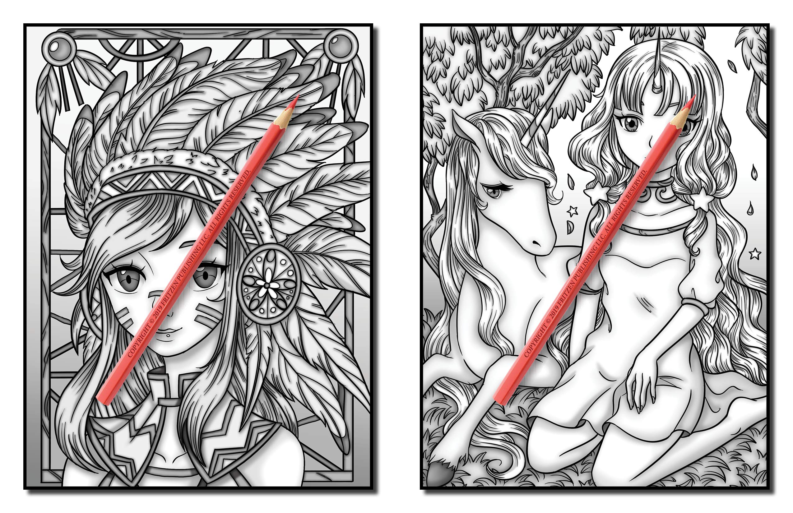 Kawaii Grayscale: An Adult Coloring Book with Beautiful Anime Portraits, Mythical Creatures, and Fantasy Scenes