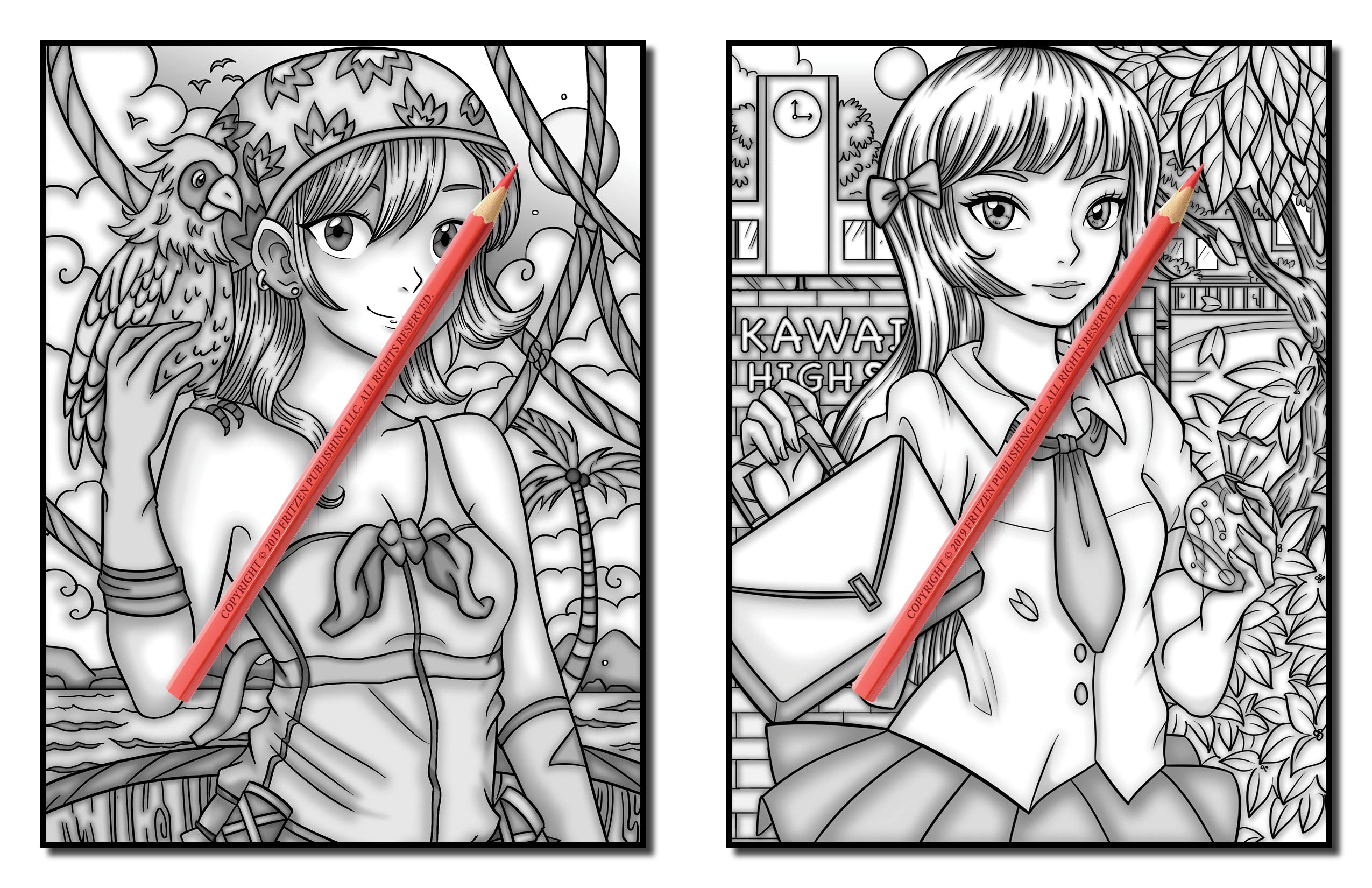 Kawaii Grayscale: An Adult Coloring Book with Beautiful Anime Portraits, Mythical Creatures, and Fantasy Scenes