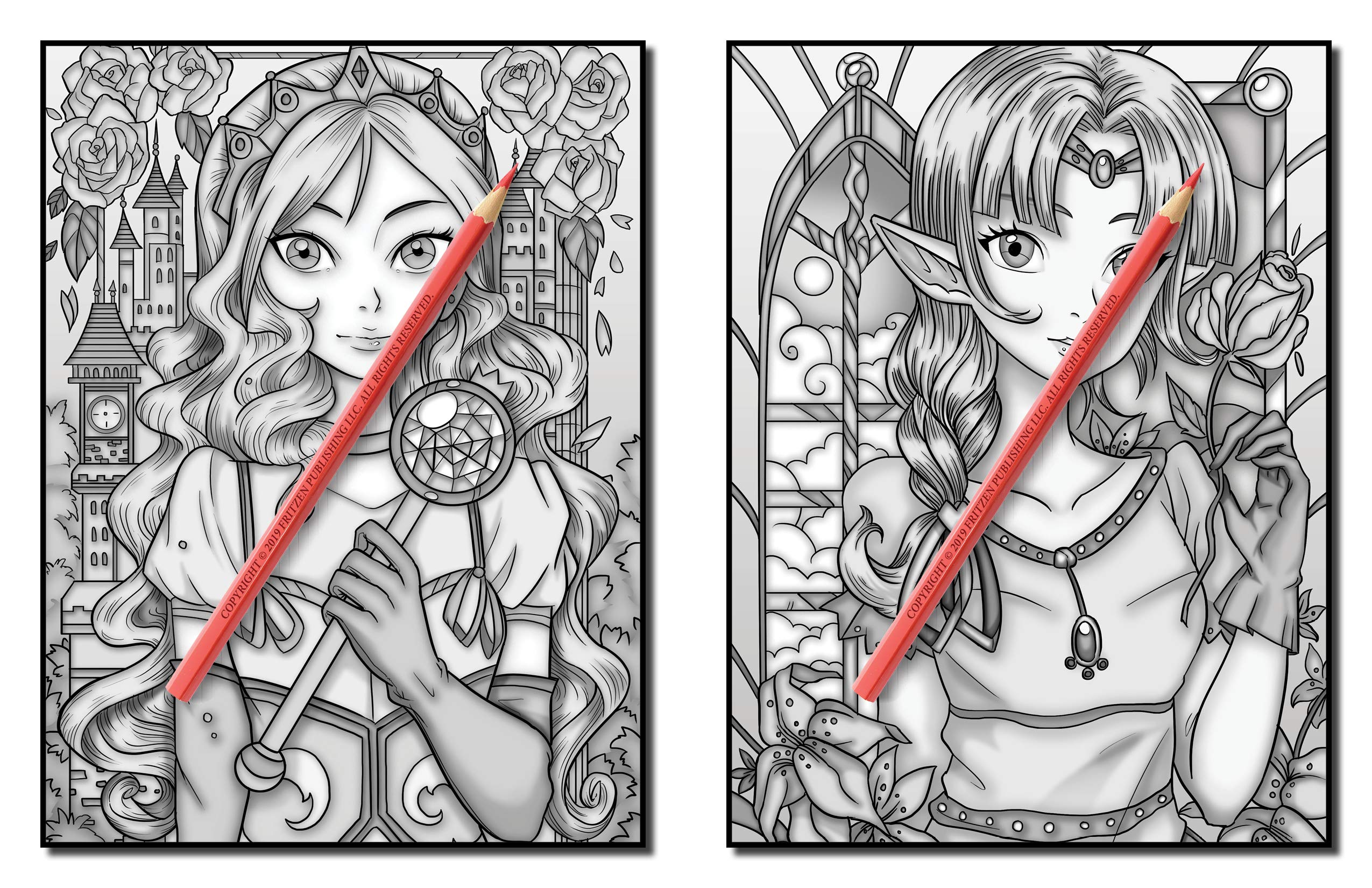 Kawaii Grayscale: An Adult Coloring Book with Beautiful Anime Portraits, Mythical Creatures, and Fantasy Scenes