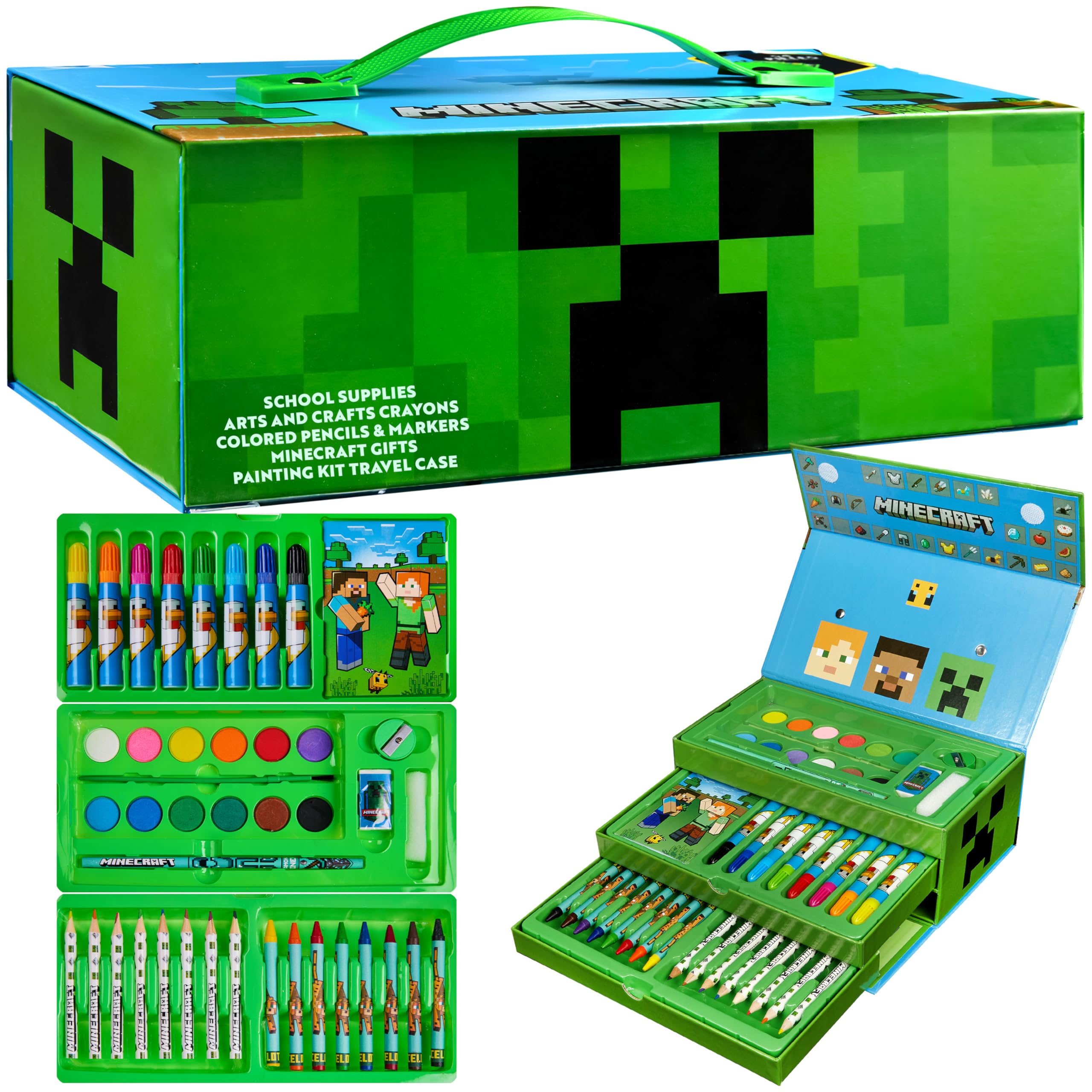 Minecraft Colored Pencils Art Supplies Set Crayons Watercolor Paints Colored Markers Coloring Drawing Kit Creeper Art Set Case Gamer Gifts for Boys