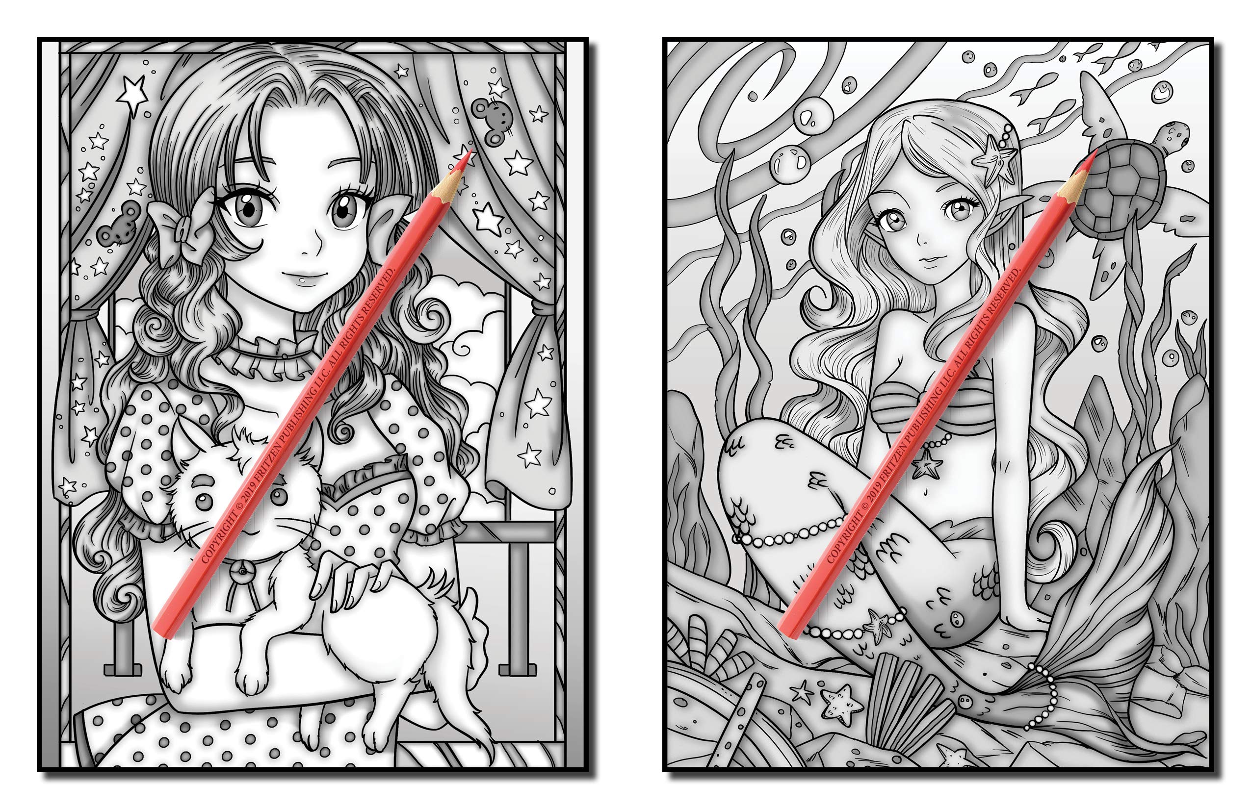 Kawaii Grayscale: An Adult Coloring Book with Beautiful Anime Portraits, Mythical Creatures, and Fantasy Scenes