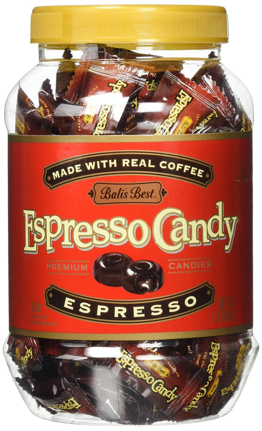 Espresso Candy, 1 Pound Jar, Individually Wrapped Hard Candy with Espresso Filled Center, Made with Real Sumatran Coffee, Halal