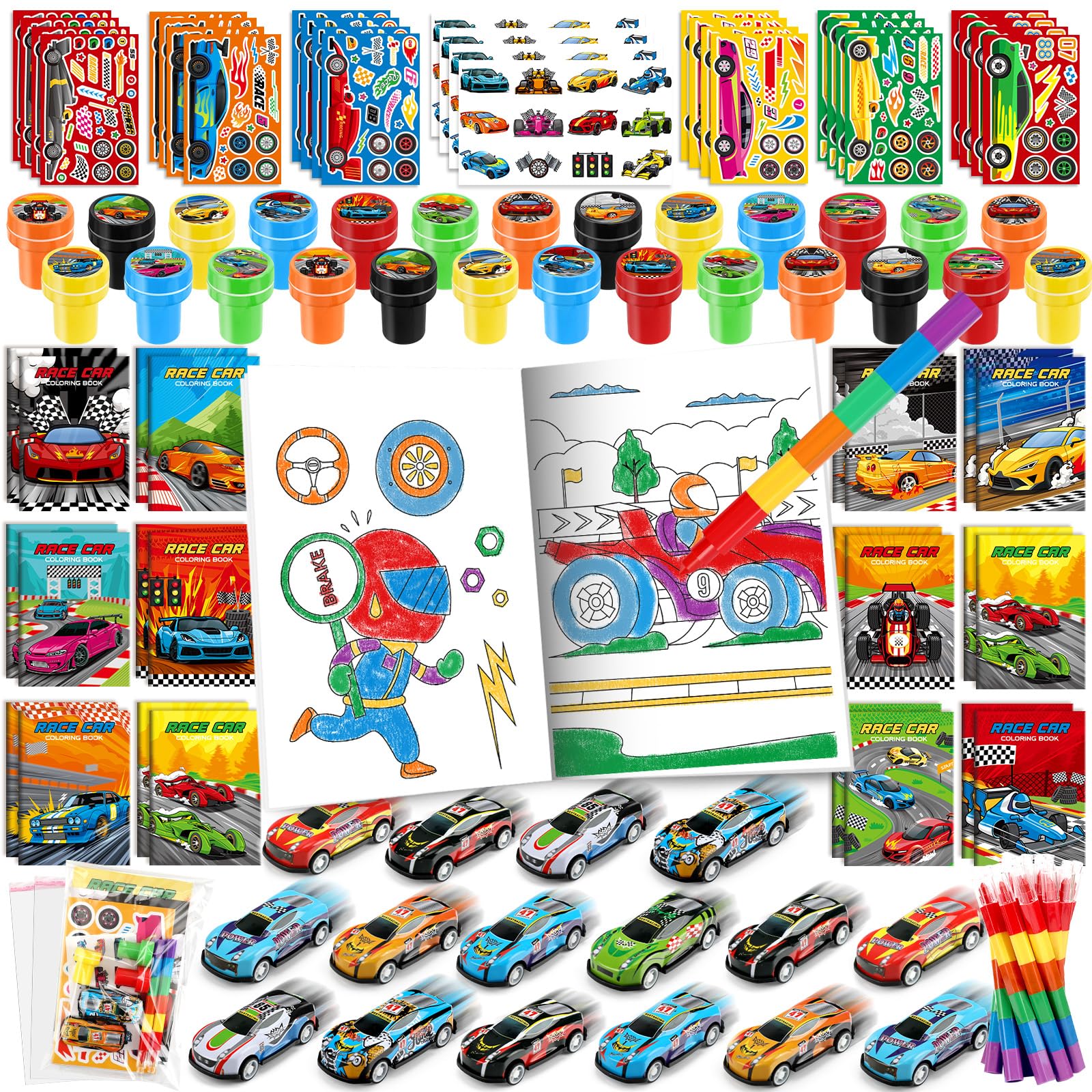 BenLouis 84Pcs Race Car Party Favors Racing Theme Coloring Books Crayons Sticker Set Bulk for Kids Fast Racecar Wheels Birthday Goodie Bag Stuffer Classroom Gifts Rewards Craft Pinata Fillers