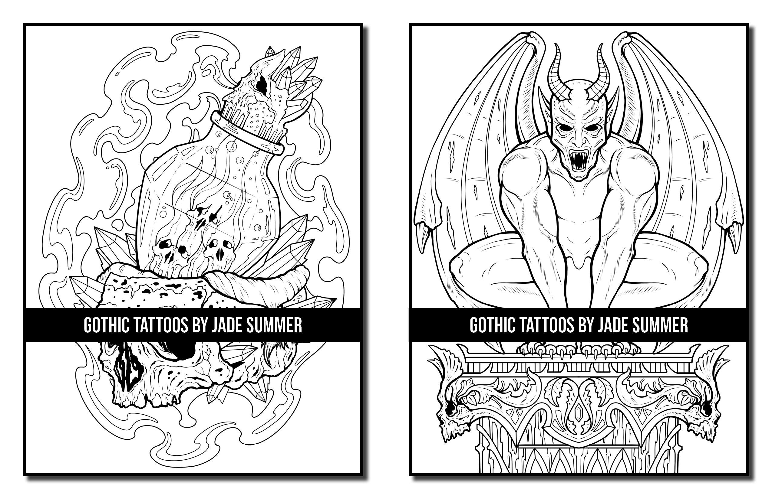 Gothic Tattoos: A Tattoo Coloring Book for Adults with Skulls, Animals, Flowers, and Dark Fantasy Scenes for Men and Women