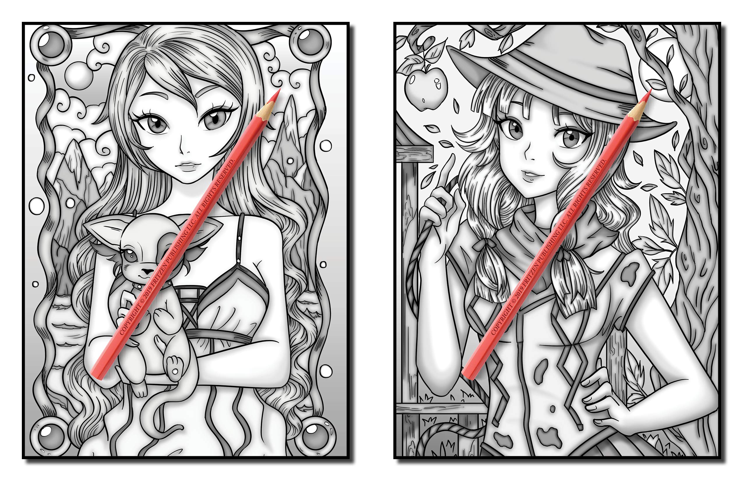 Kawaii Grayscale: An Adult Coloring Book with Beautiful Anime Portraits, Mythical Creatures, and Fantasy Scenes