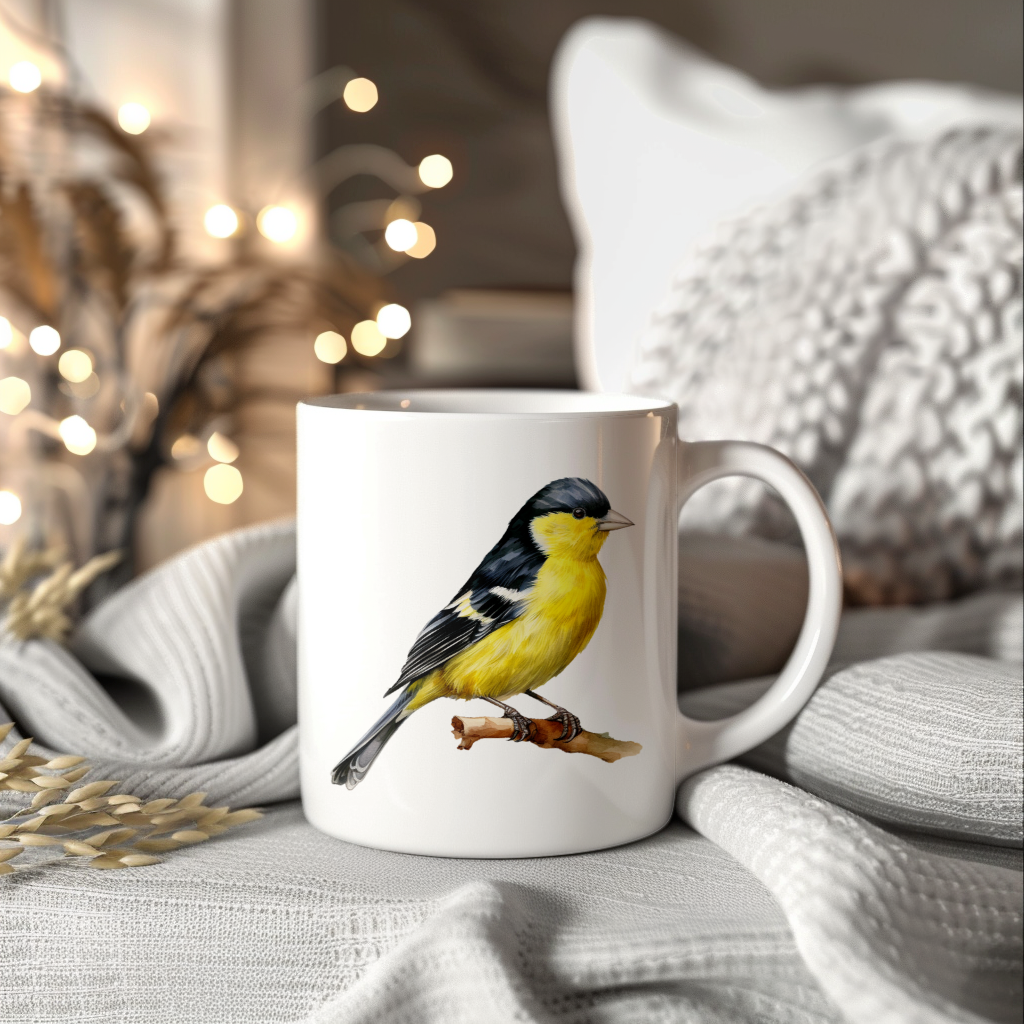 Bird Watching Mug, Lesser Goldfinch Song Bird Mug, 11oz or 15oz White Ceramic Coffee Mug Gift for Bird Watchers
